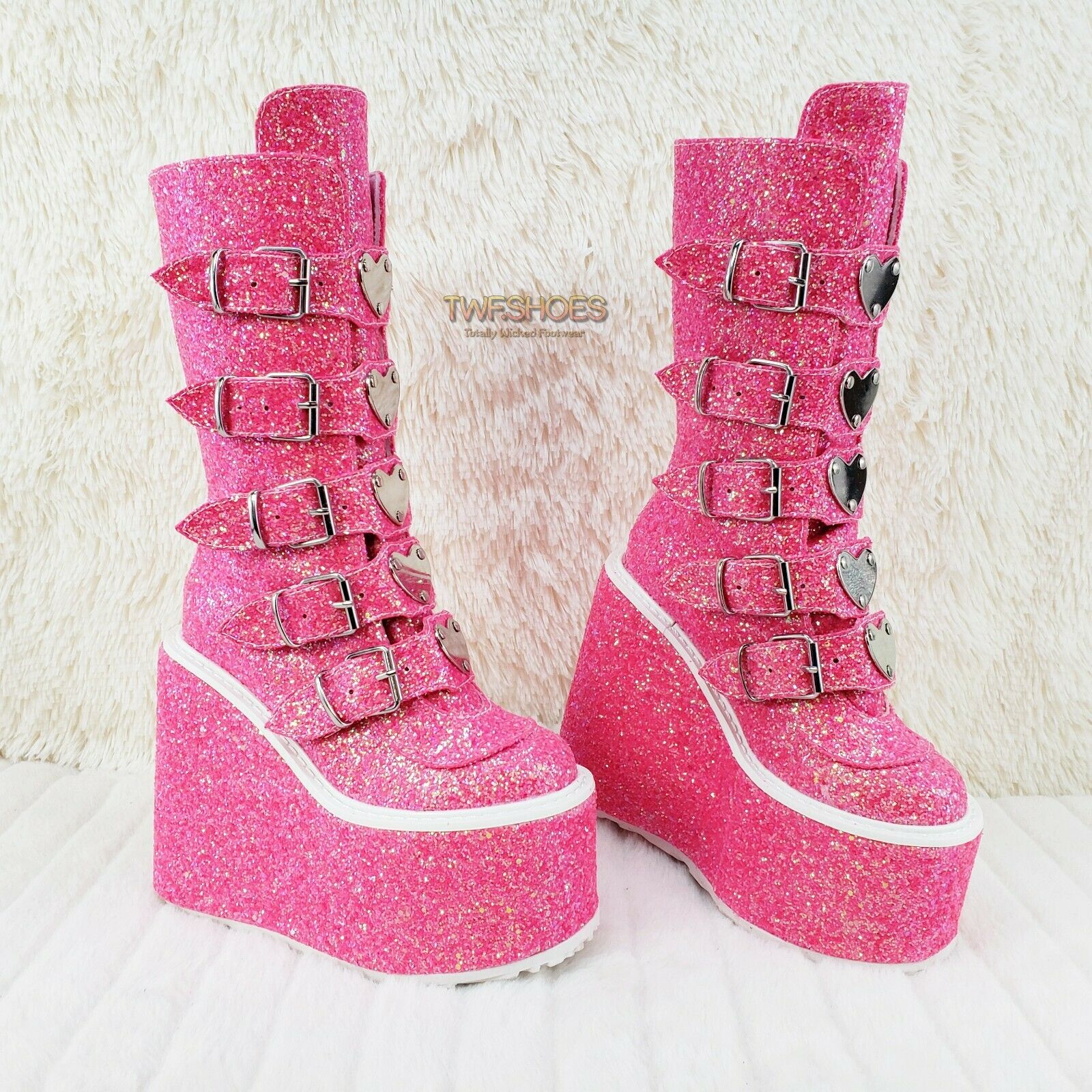 Swing 230G Pink Glitter Boot 5.5" Platform Heart Strap Goth Boots 6 -11  NY - Totally Wicked Footwear
