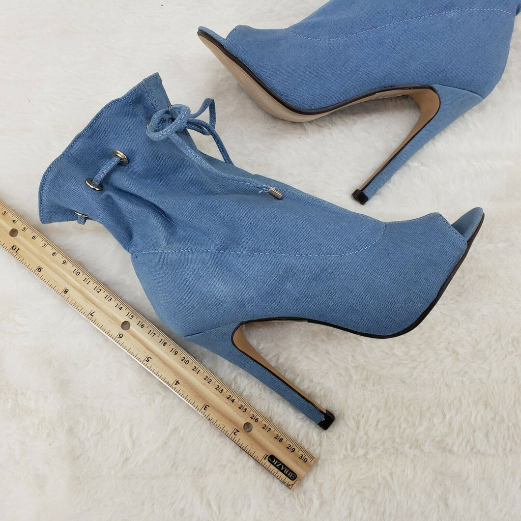 Moody Light Denim Drawstring Open Toe High Heel Ankle Boots Glister - Totally Wicked Footwear
