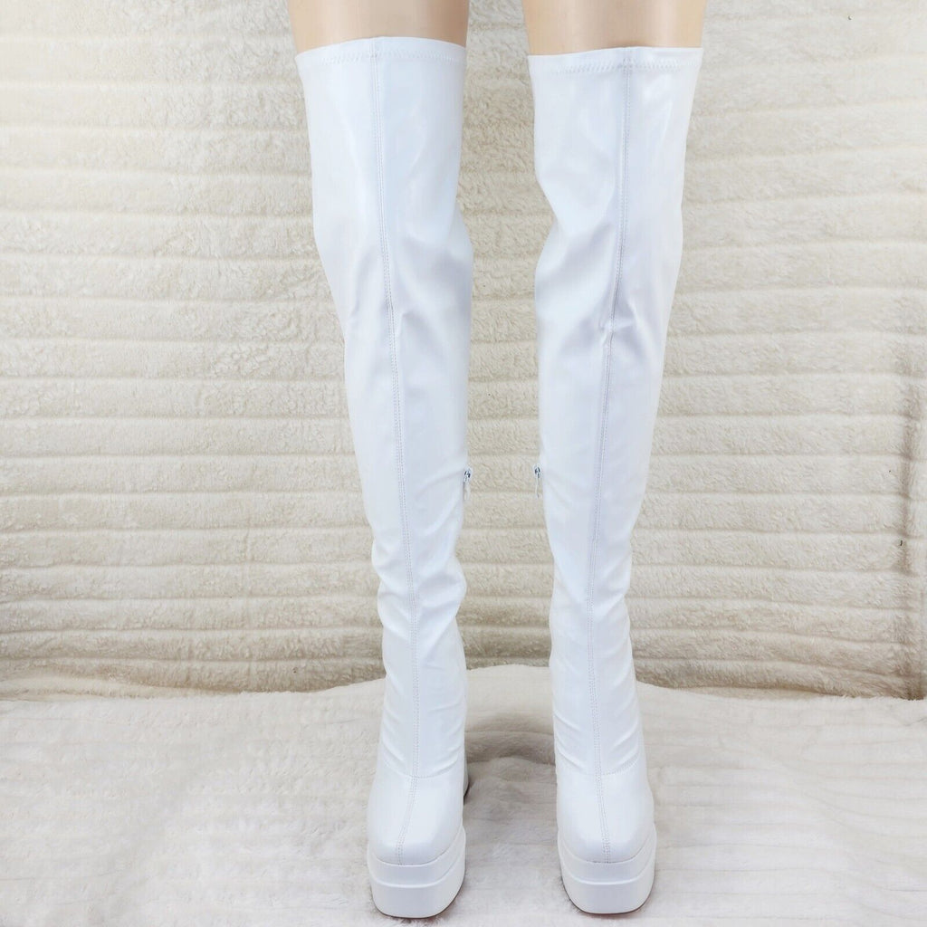 Stomp White Stretch Leatherette Thigh High Chunky Heel Double Platform Boots - Totally Wicked Footwear