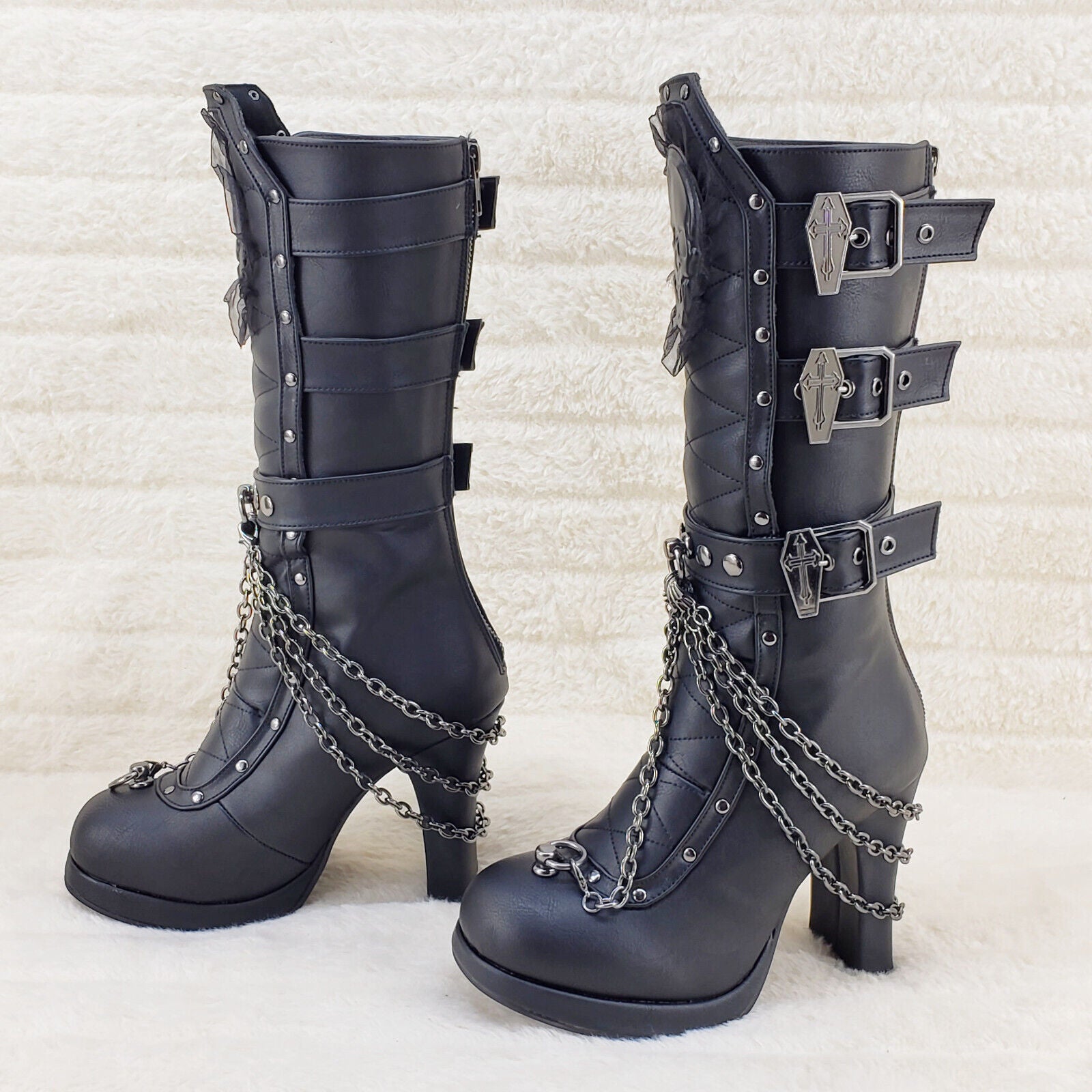 Crypto 67 Coffin Skull & Chain Black Mid Calf Platform Heel Gothic Boots NY - Totally Wicked Footwear