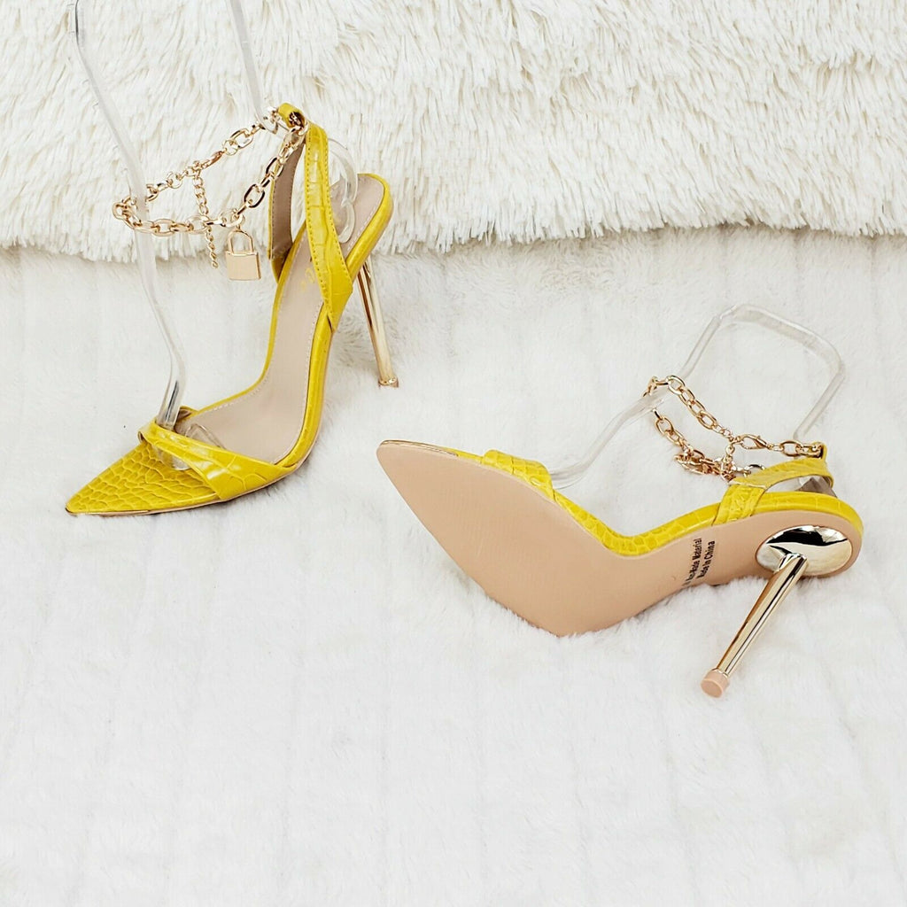 Nicely Pad Lock Chain Strap High Heels Metal Toe Tip Shoes Yellow - Totally Wicked Footwear