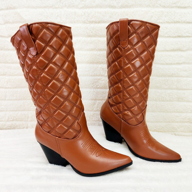 Bells Quilted Faux Leather Western Mid Calf Cowgirl Boots Tan - Totally Wicked Footwear
