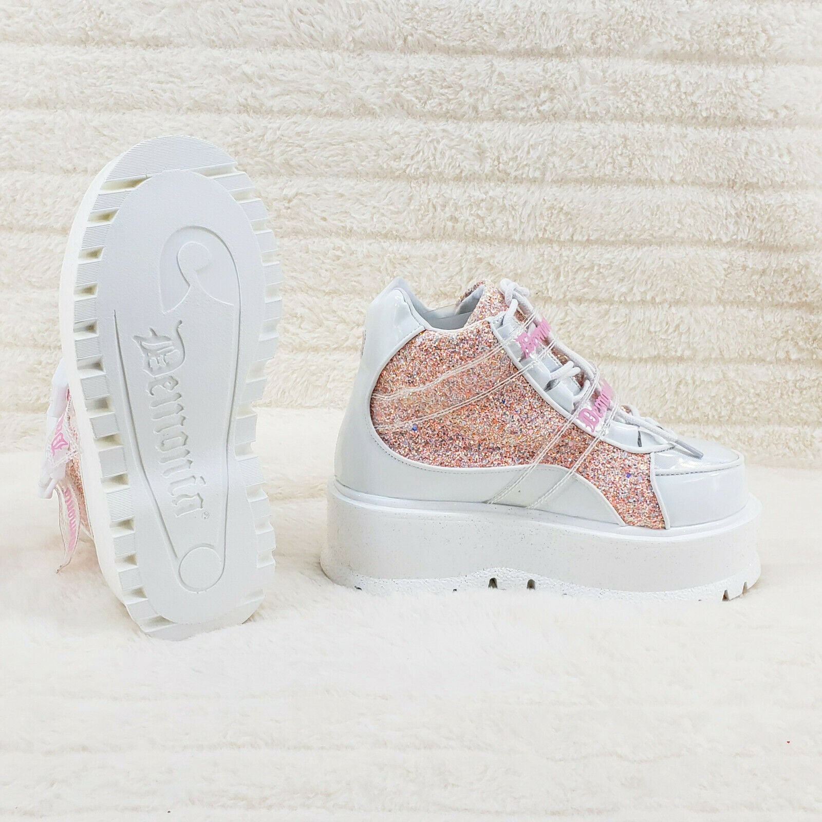 Slacker 50 White Pink Glitter Platform Sneaker Ankle Boots - Totally Wicked Footwear