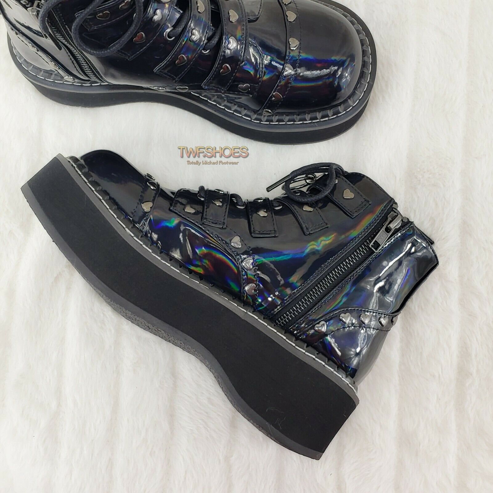 Demonia Emily 315 Black Holo Patent Heart Stud 2" Platform Ankle Boot Shoes NY - Totally Wicked Footwear