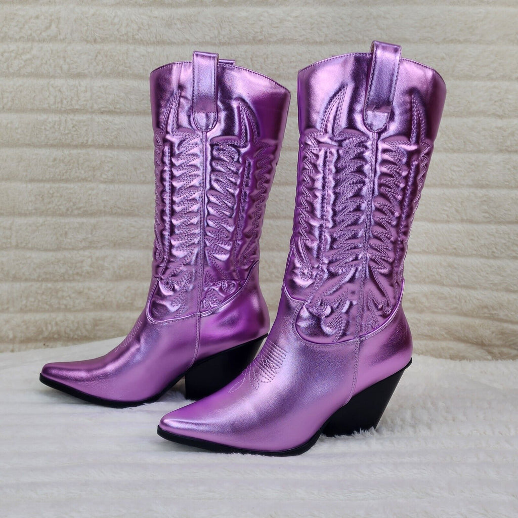 Disco Cowgirl Metallic Lilac Purple Cowboy Knee Boots Western Block Heels US - Totally Wicked Footwear