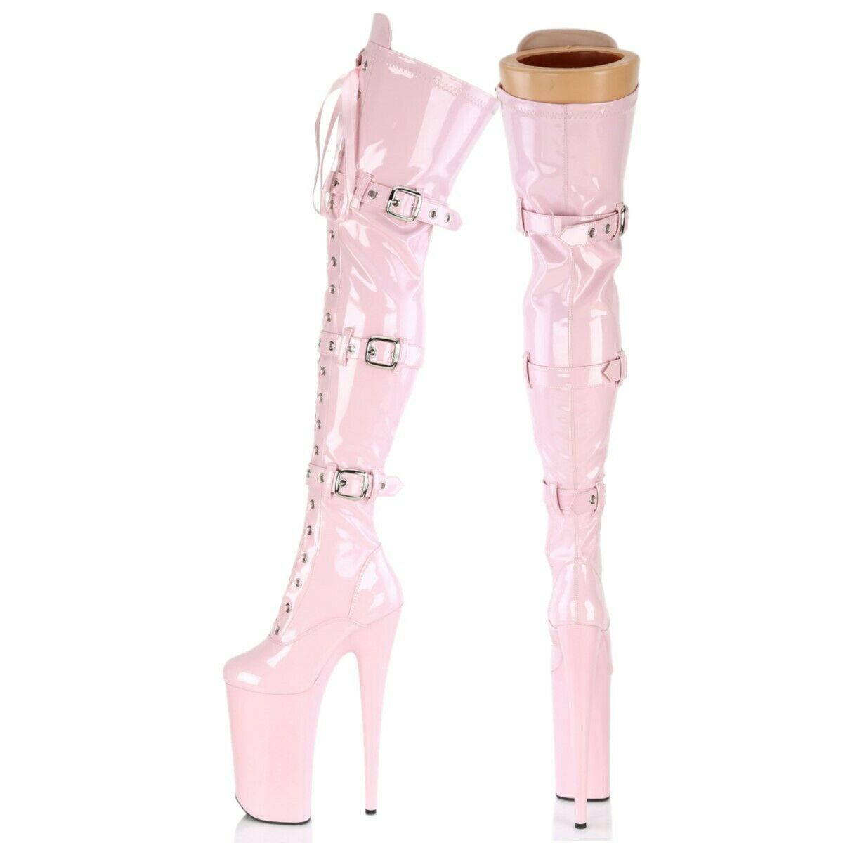 Beyond 3028 Lace Up Thigh High Baby Pink Patent Boots 10" Heels US Sizes NY - Totally Wicked Footwear