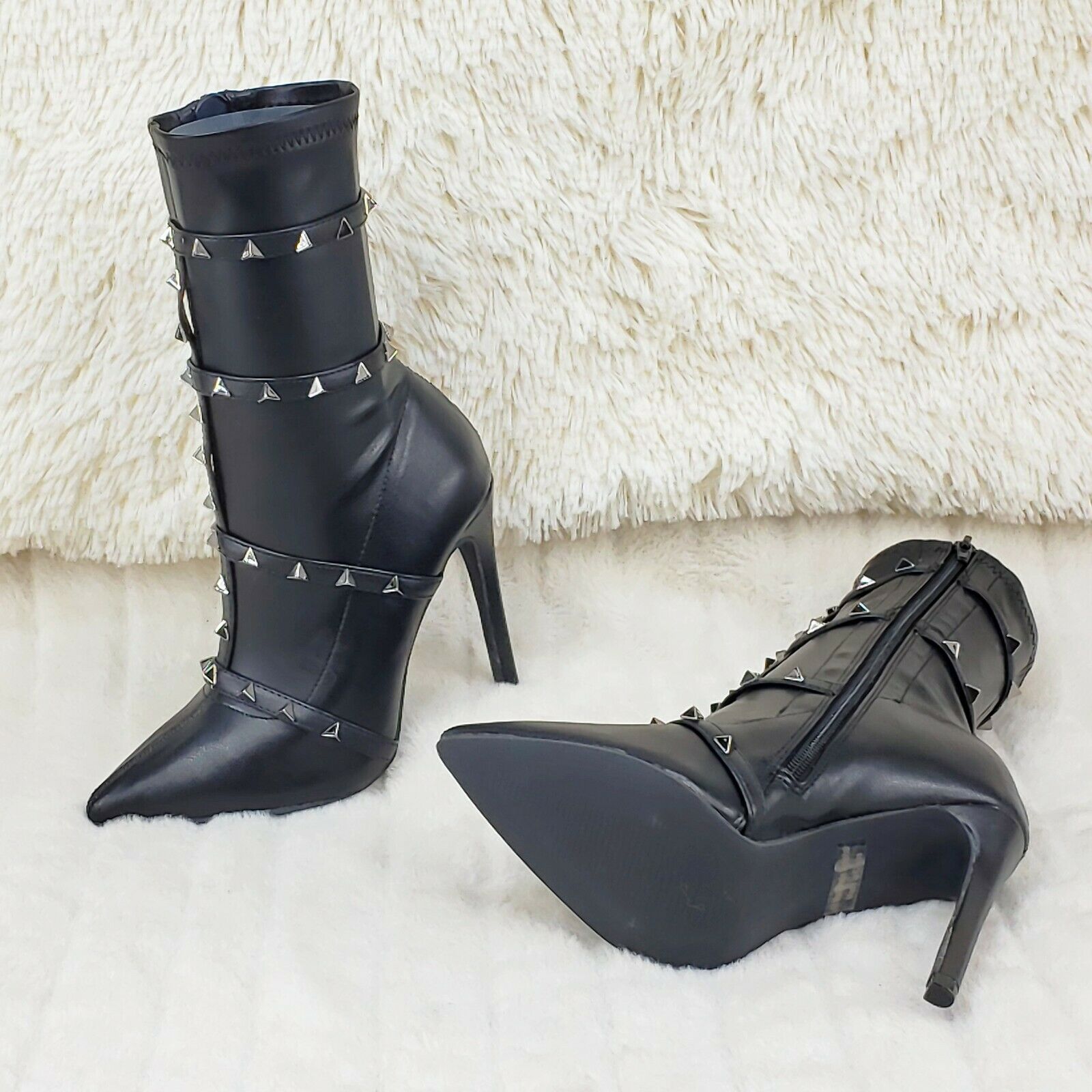 Mark Pyramid Stud Strap High Heel Pointy Toe Stretch Ankle Boots Black - Totally Wicked Footwear