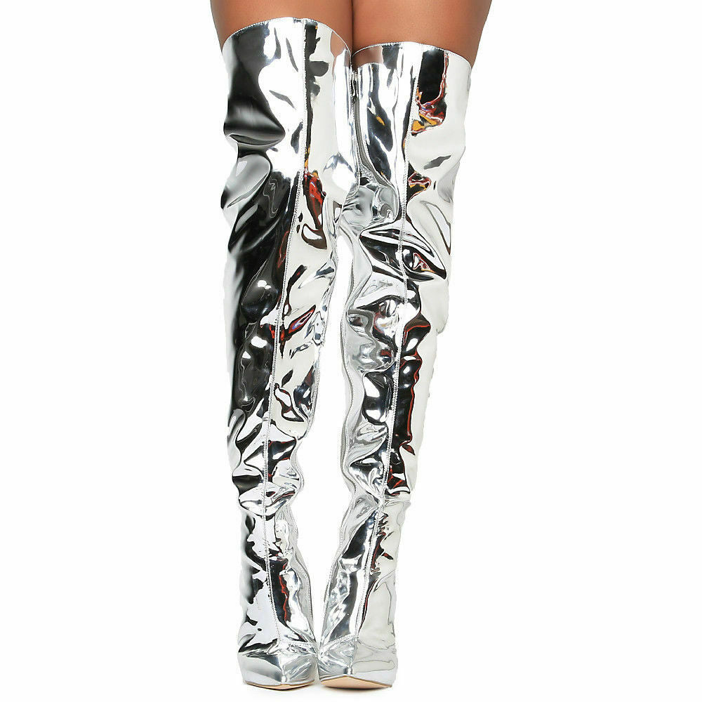CR Silver Gloss Pointy Toe OTK Thigh Boot 4" High Heel US Size 6 - Totally Wicked Footwear