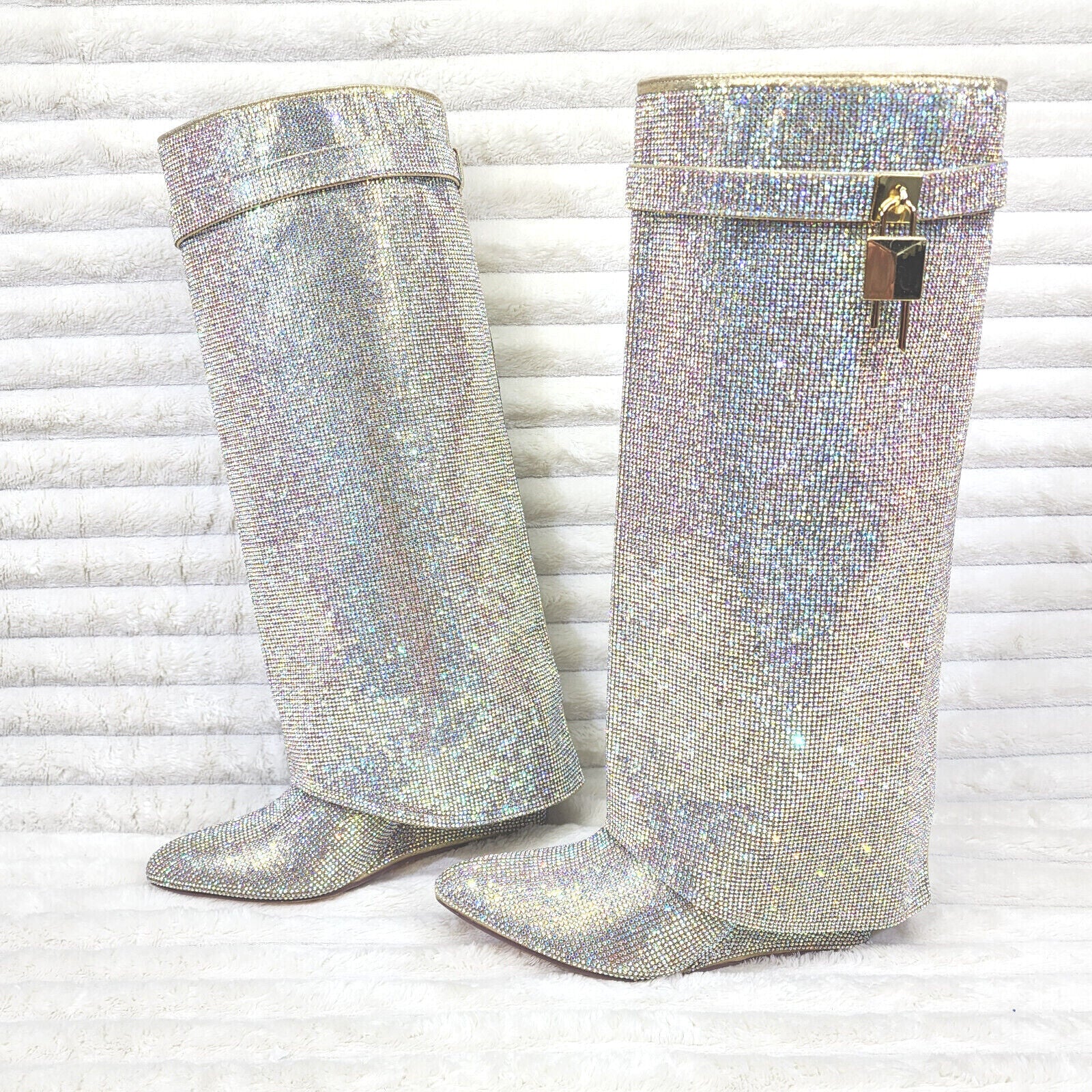 Super Sparkle Sharky Skirted Fold Over Wedge Heel Knee Boots - Totally Wicked Footwear