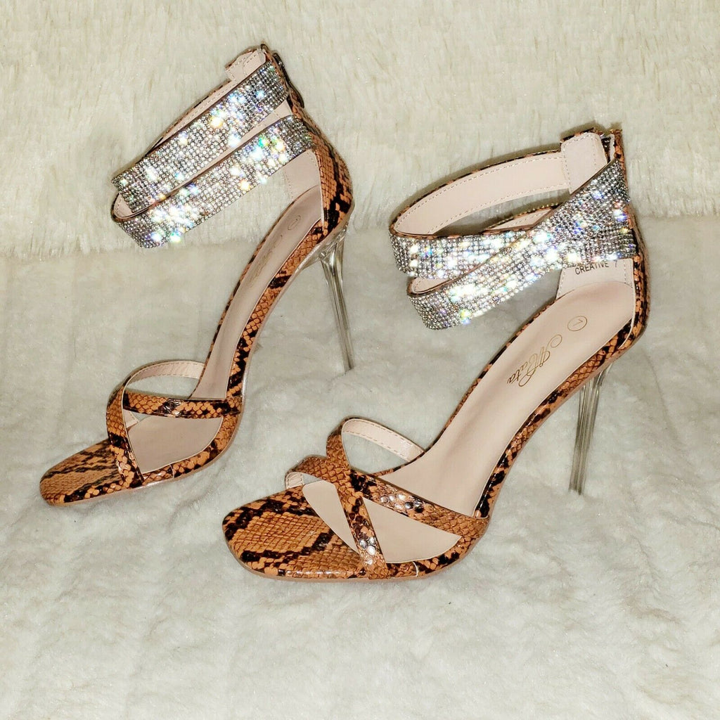 Mata Brown Snake Print Rhinestone Double Ankle Strap Closed Back High Heel Shoes - Totally Wicked Footwear