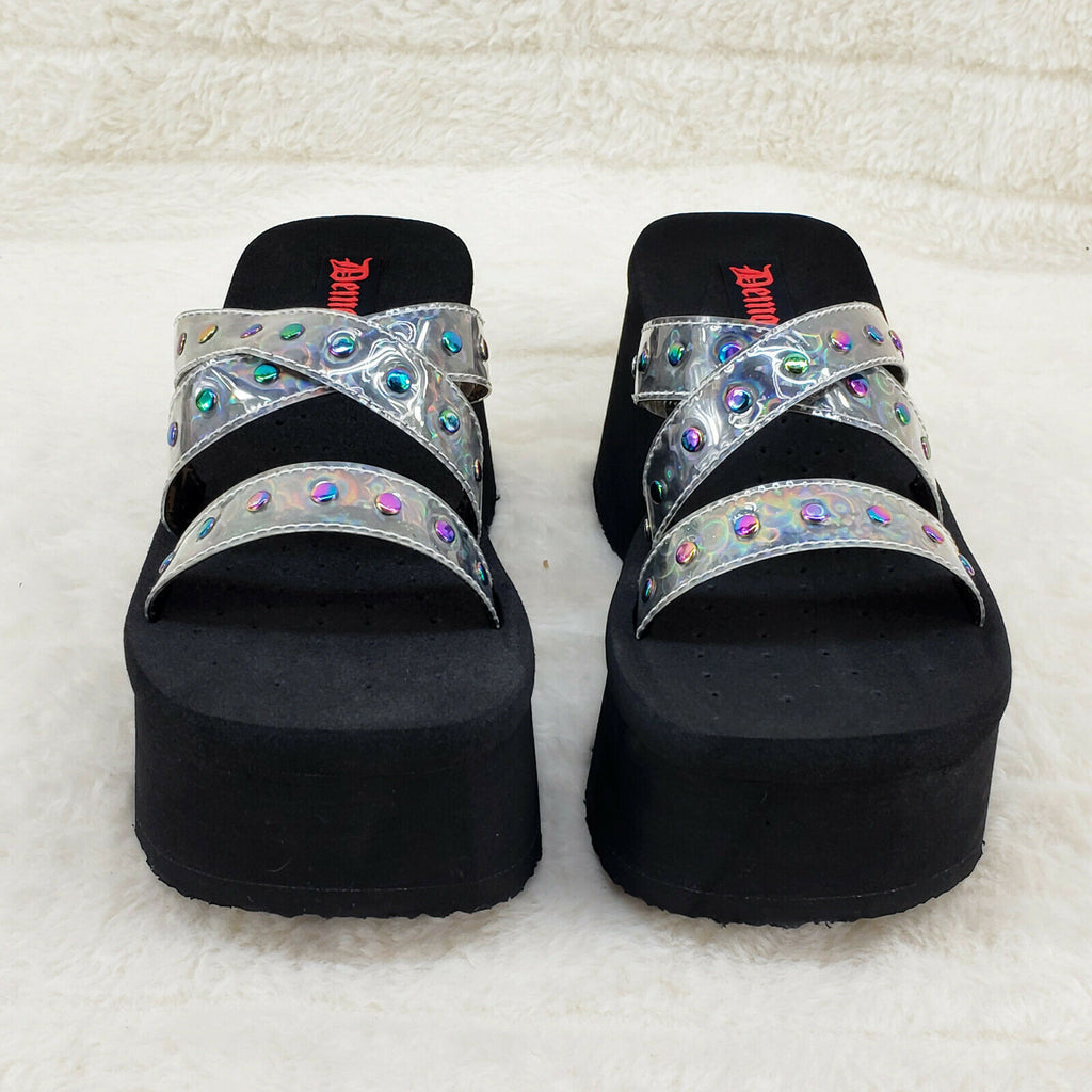 Funn Platform Goth Sandals Studded Hologram Triple Strap Slip On Shoes In House - Totally Wicked Footwear