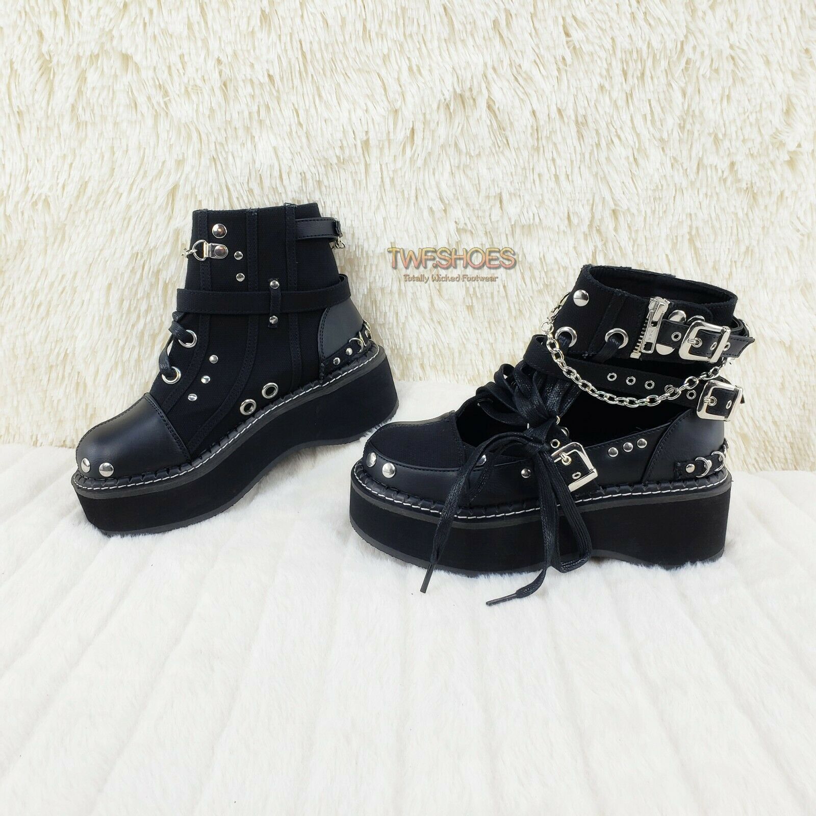 Emily 317 Black Matte Canvas Platform Cut Out Ankle Boot 6-12 NY RESTOCKED - Totally Wicked Footwear