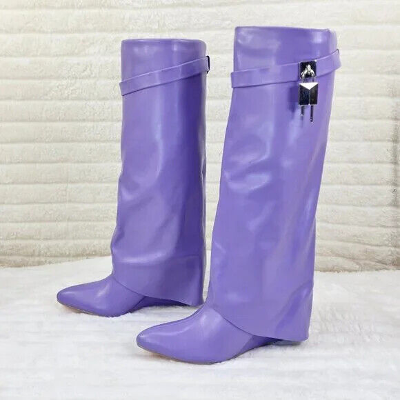 Fold Over Skirted Knee Boots 3" Wedge Heel Pull On Half Zipper Lilac Purple - Totally Wicked Footwear