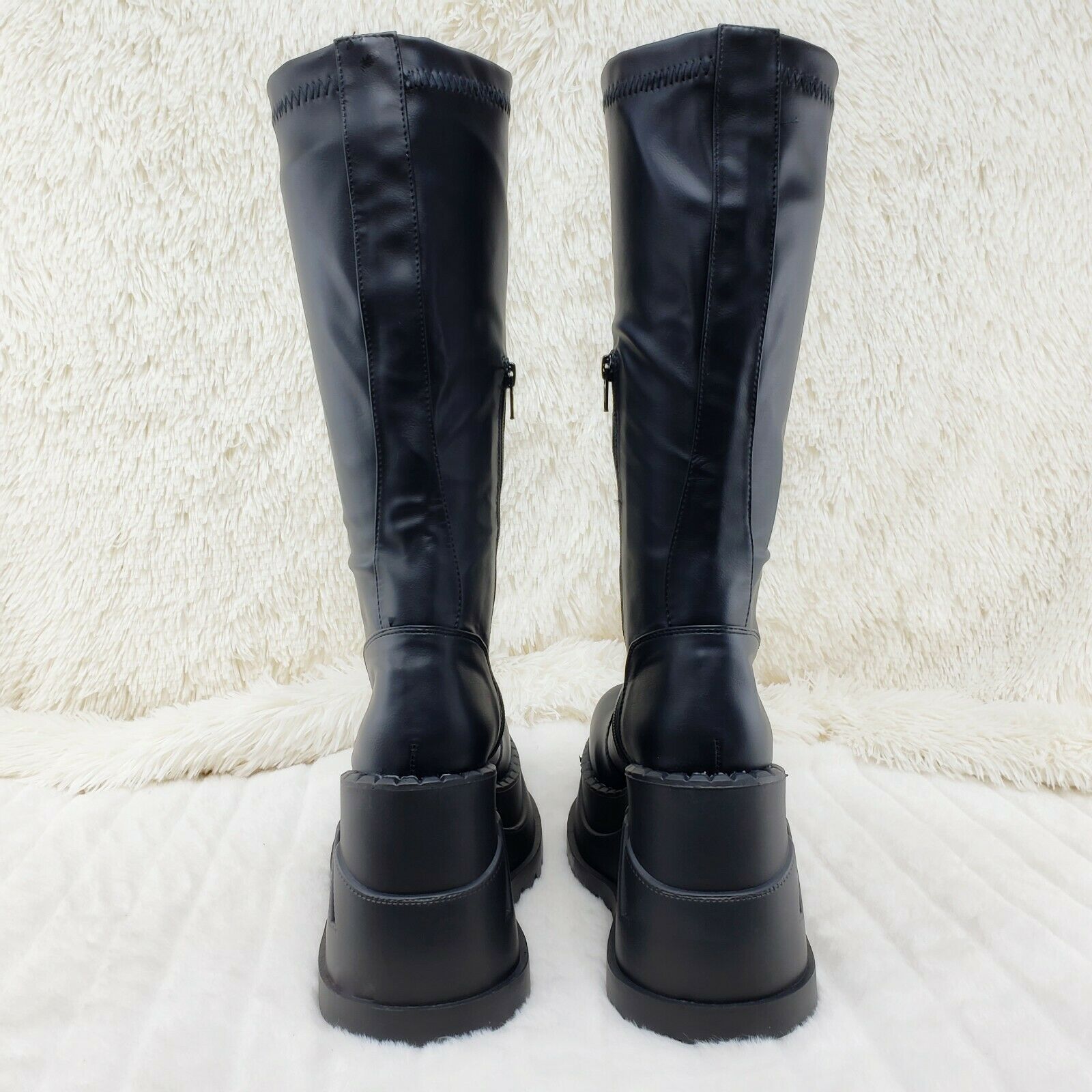 Demonia Stomp 200 Black Matte Platform Wedge Heel Knee Boots NY - Totally Wicked Footwear