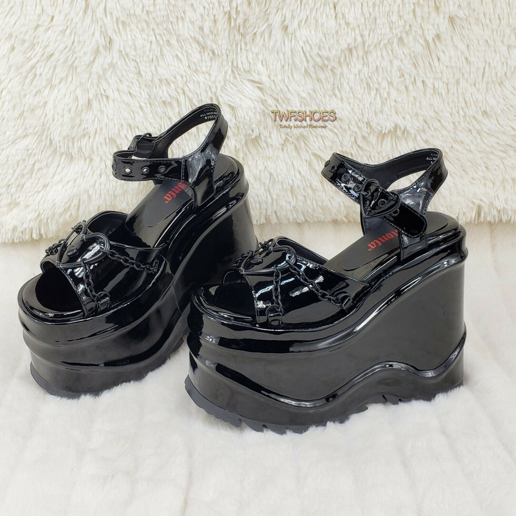 Wave 09 Heart Charm 6" Platform Goth Sandals Shoes Black Patent In House - Totally Wicked Footwear