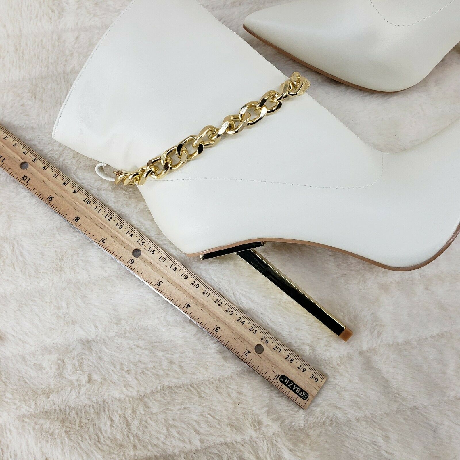 Venomous White Pointy Toe Spike Stiletto Heel Ankle Boots Gold Tone Chain - Totally Wicked Footwear