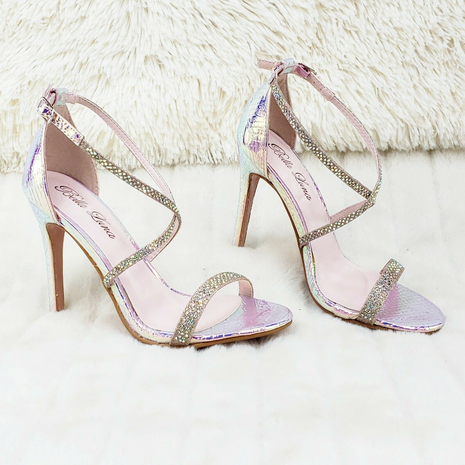 Lisa Pink Snake Hologram Cross Strap Jeweled 4" High Heel Sandals Shoes 6-10 - Totally Wicked Footwear