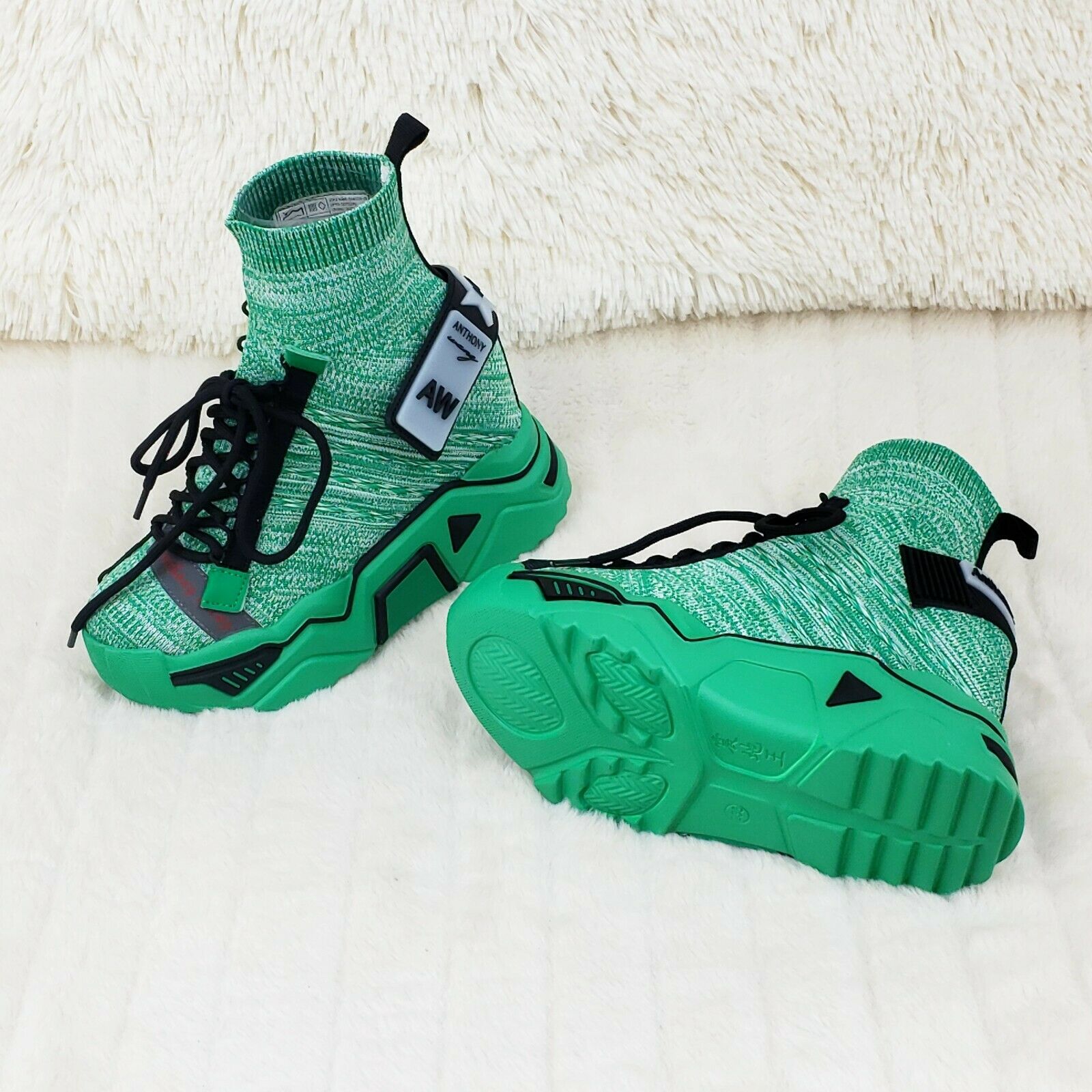 Wang Damson Pull On Knit Platform Sneaker Boots 4" Hidden Wedge Green Knit - Totally Wicked Footwear