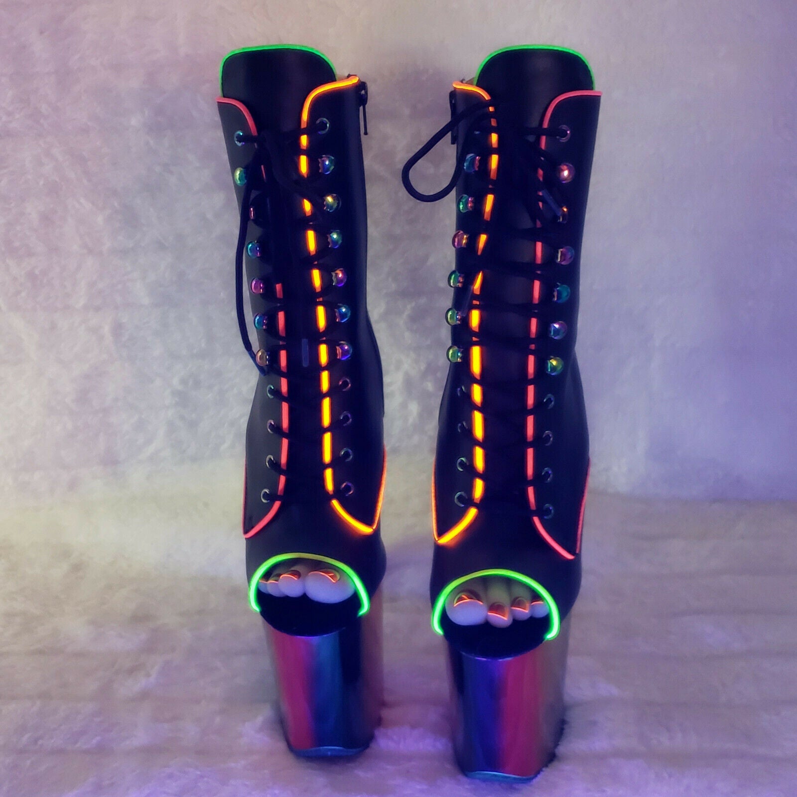 Flamingo 1021RC Rainbow Chrome 8" Heels Platform Neon Trim Ankle Boots NY - Totally Wicked Footwear