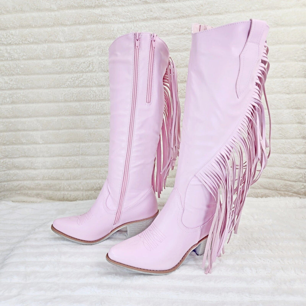 Wild One Baby Pink Asymmetrical Side Fringe Cowboy Cowgirl Boots Plus - Totally Wicked Footwear