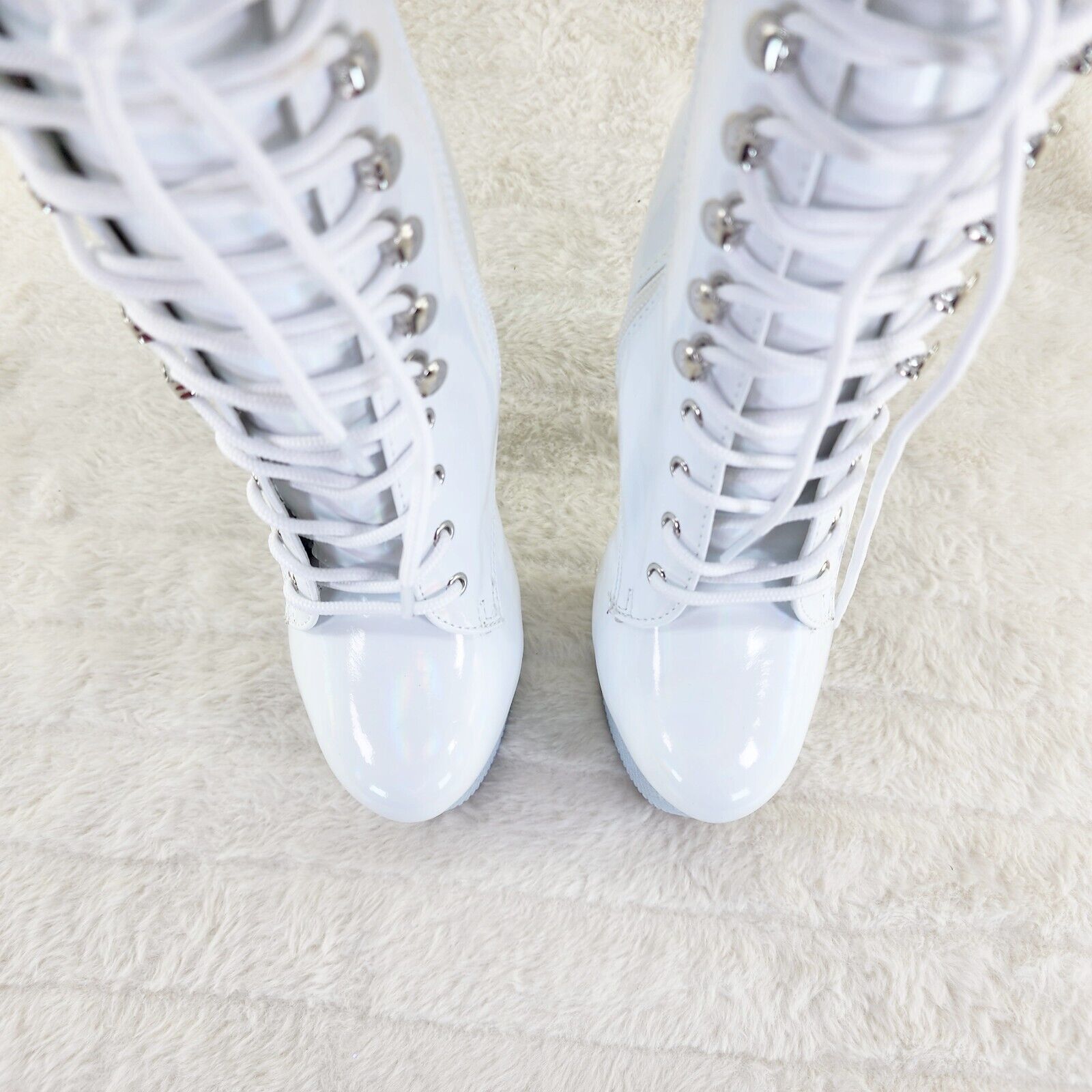 Bejeweled White Rhinestone Platform Lace Up Ankle Boots 7" High Heels IN HOUSE - Totally Wicked Footwear