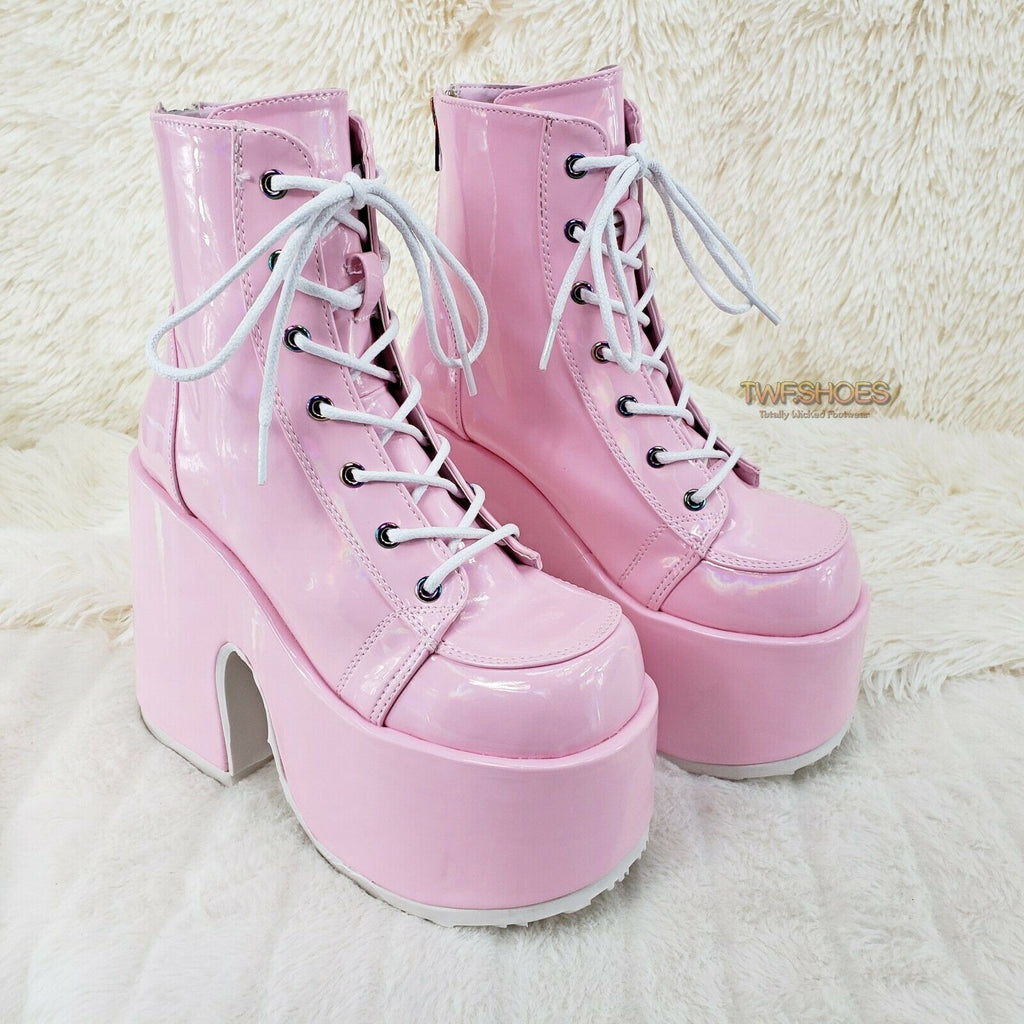 Goth Platform Ankle Boots with Pink Ghost & Laces