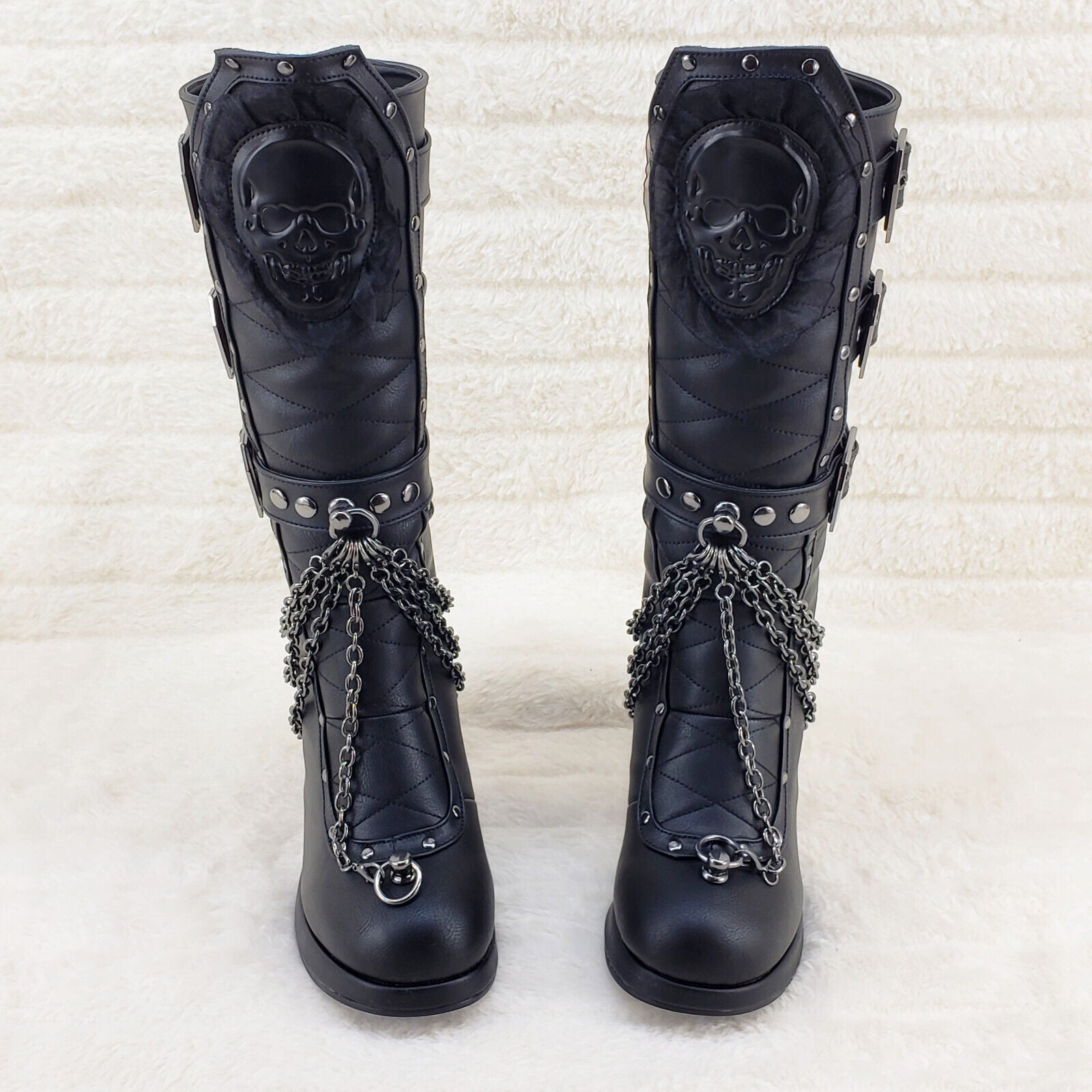 Crypto 67 Coffin Skull & Chain Black Mid Calf Platform Heel Gothic Boots NY - Totally Wicked Footwear