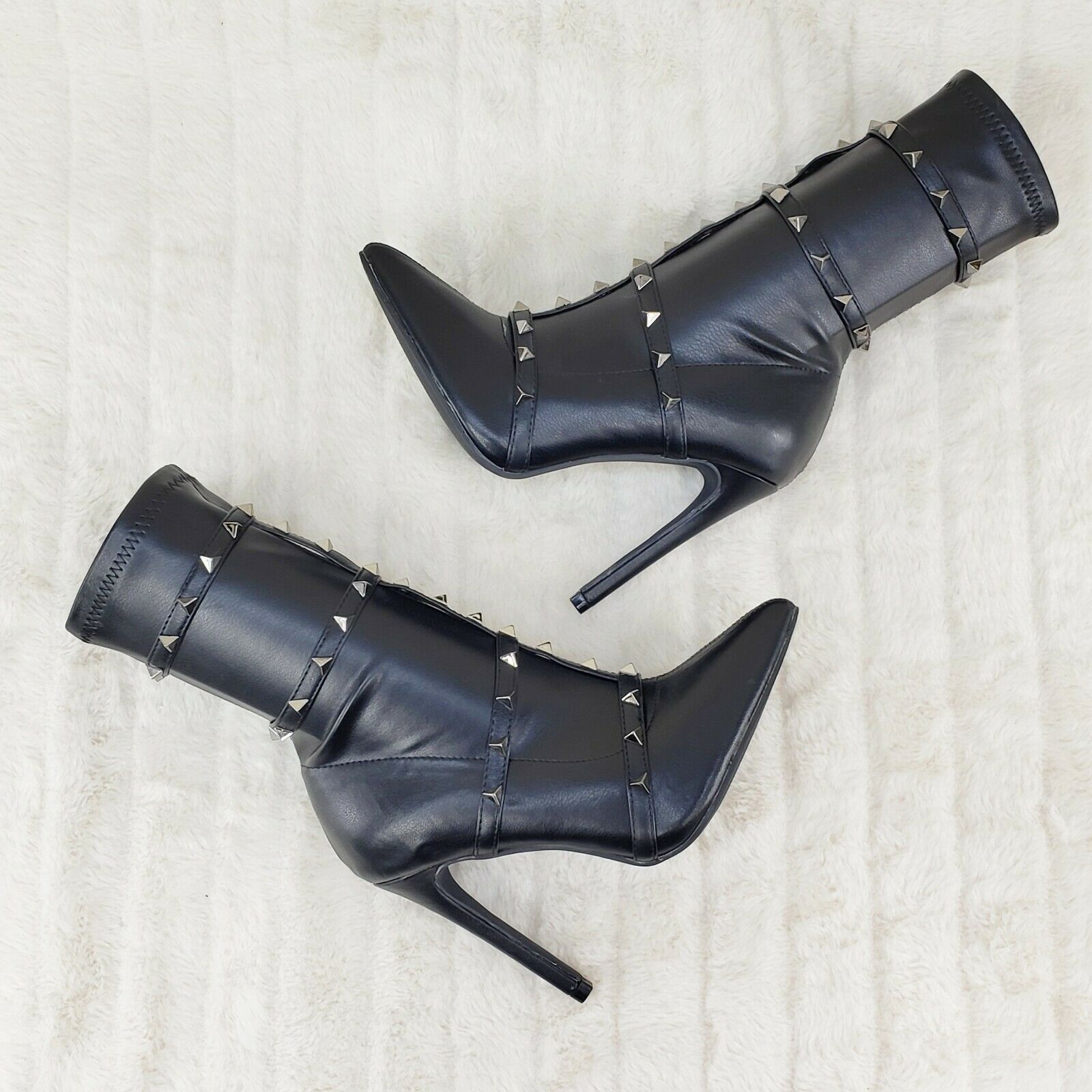 Mark Pyramid Stud Strap High Heel Pointy Toe Stretch Ankle Boots Black - Totally Wicked Footwear
