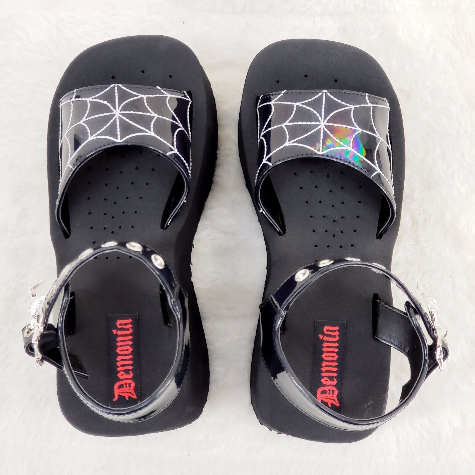 Funn Platform Goth Spider Web Sandals Ankle Strap Wedge Shoes Patent In House - Totally Wicked Footwear