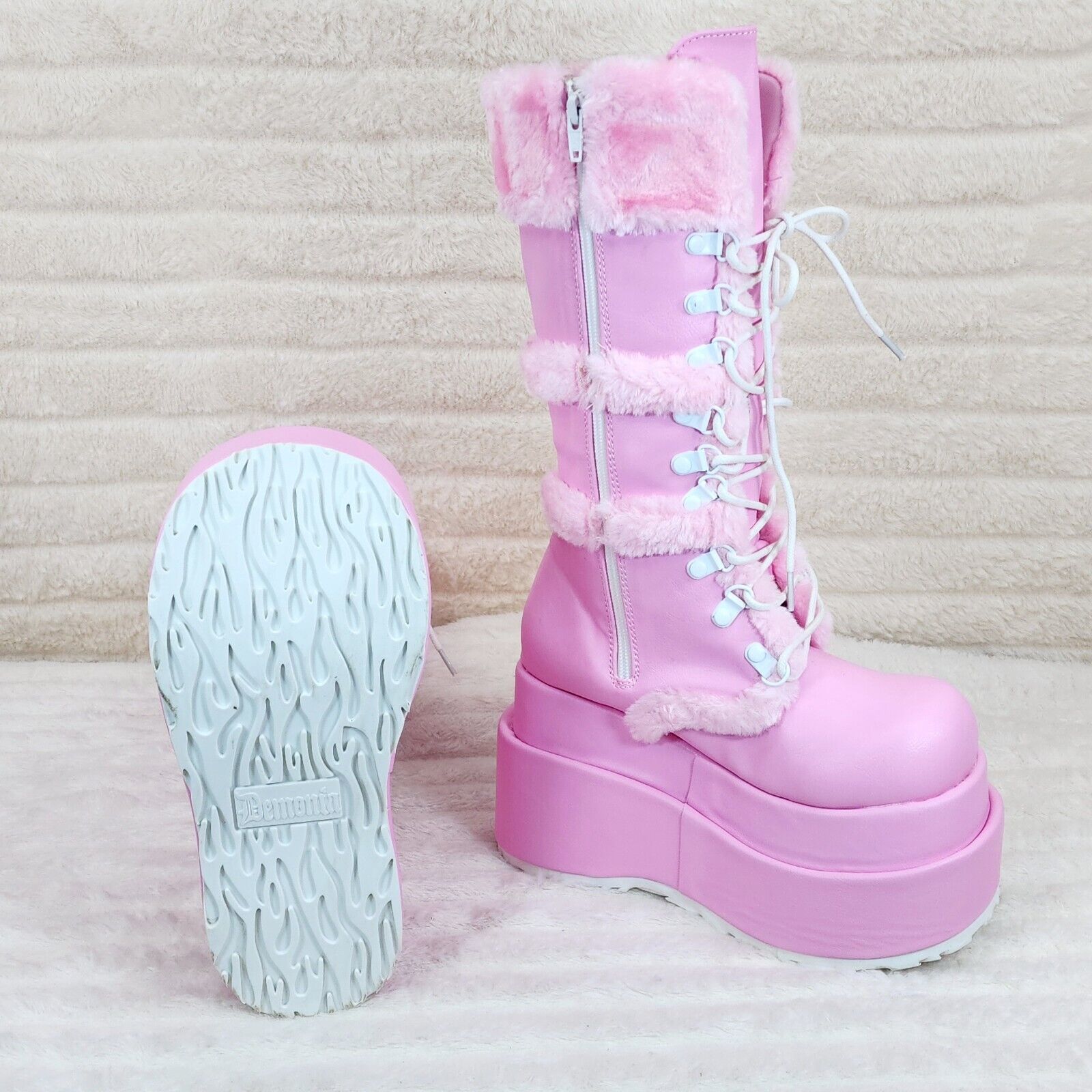 Bear 202 Pink Faux Fur / V Leather Platform Goth Punk Calf Boots NY Stomper - Totally Wicked Footwear