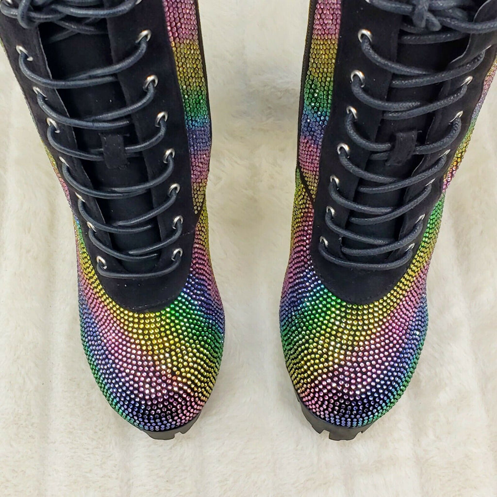 Wild Diva Veronica Rainbow Rhinestone Chunky Heel Ankle Boots Black - Totally Wicked Footwear
