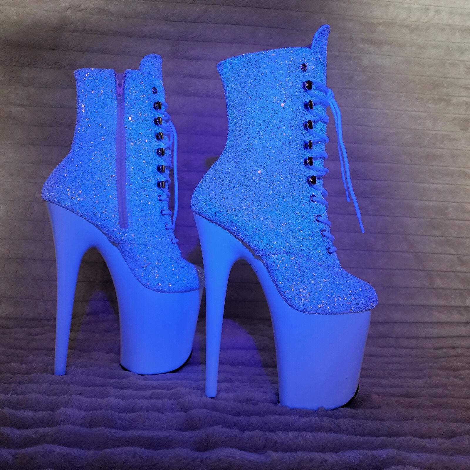 Flamingo White Ice UV Glitter 8" Heel Platform Ankle Boots US 6-12 NY - Totally Wicked Footwear