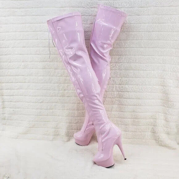 Baby Pink White Patent Platform Thigh High Heel Front Zipper Lace up Boots 3027 - Totally Wicked Footwear