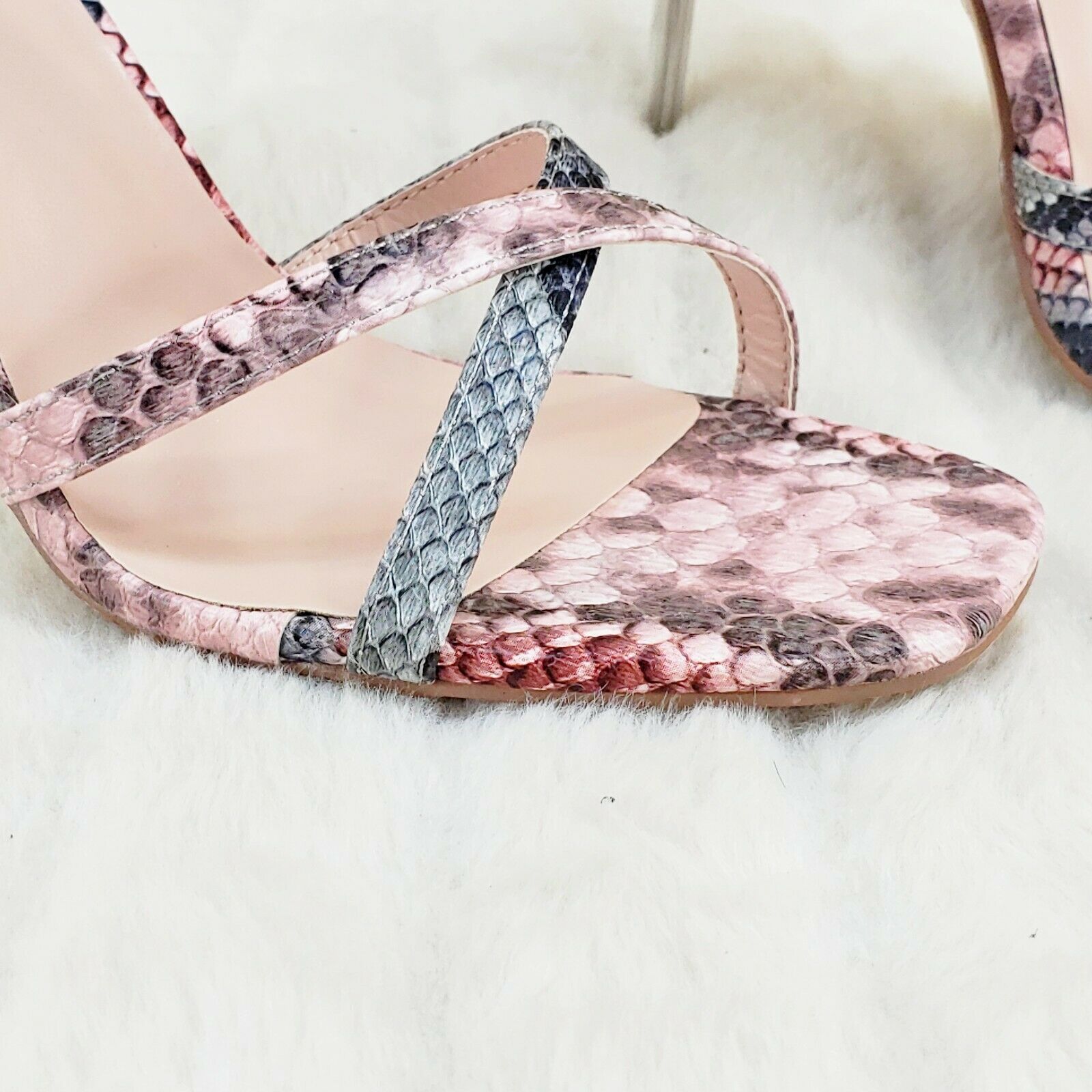 Mata Pink Snake Print Rhinestone Double Ankle Strap Closed Back High Heel Shoes - Totally Wicked Footwear