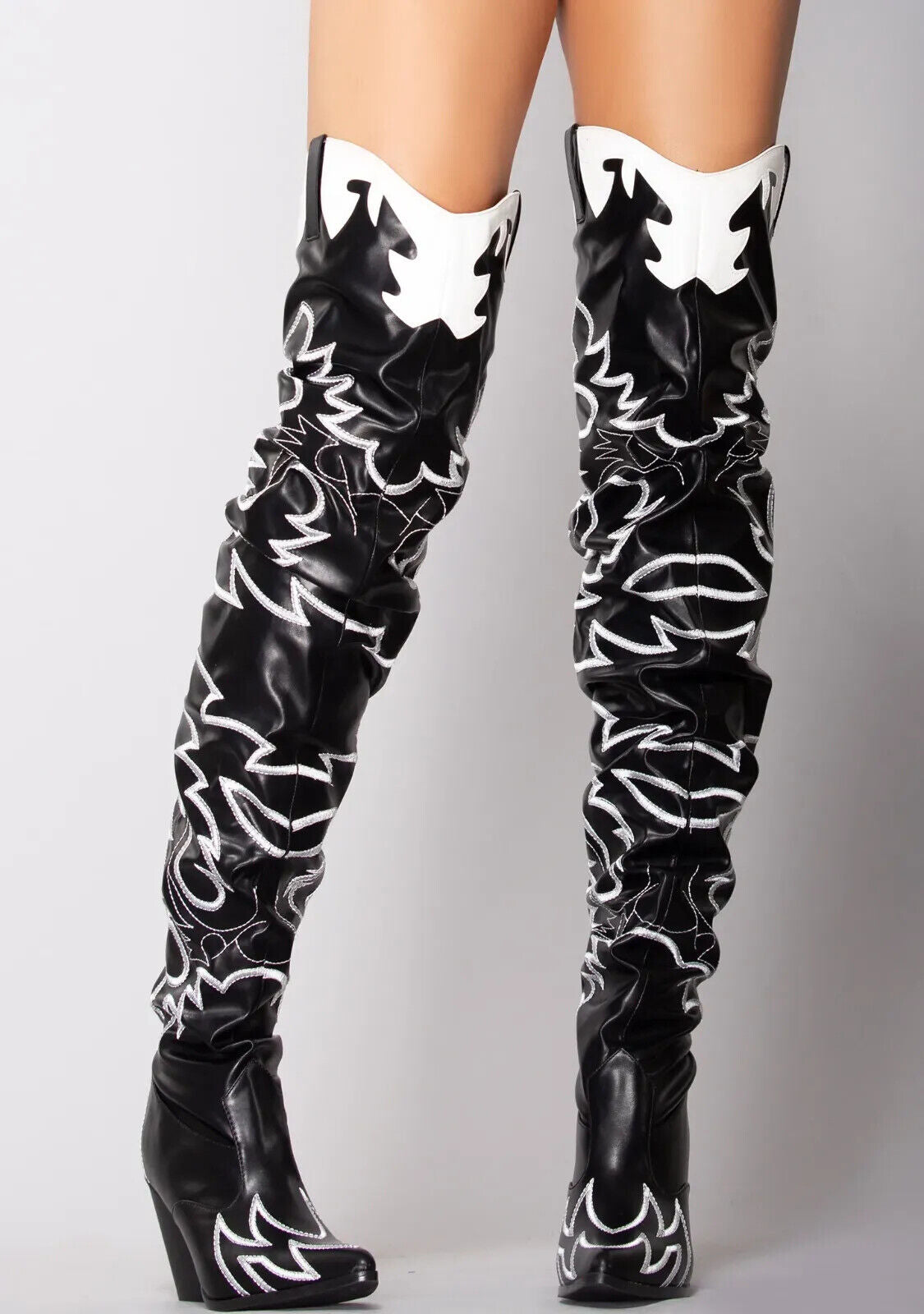 Kelsey 21 Rock Star Black & White Western Slouch OTK Thigh High Cowboy Boots - Totally Wicked Footwear