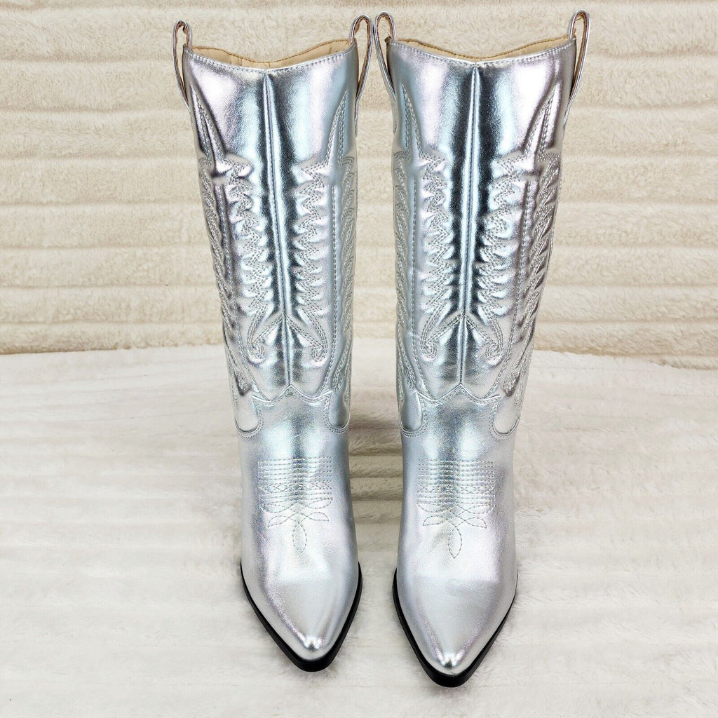 Disco Cowgirl Metallic Silver Cowboy Knee Boots Western Block Heels US Sizes - Totally Wicked Footwear