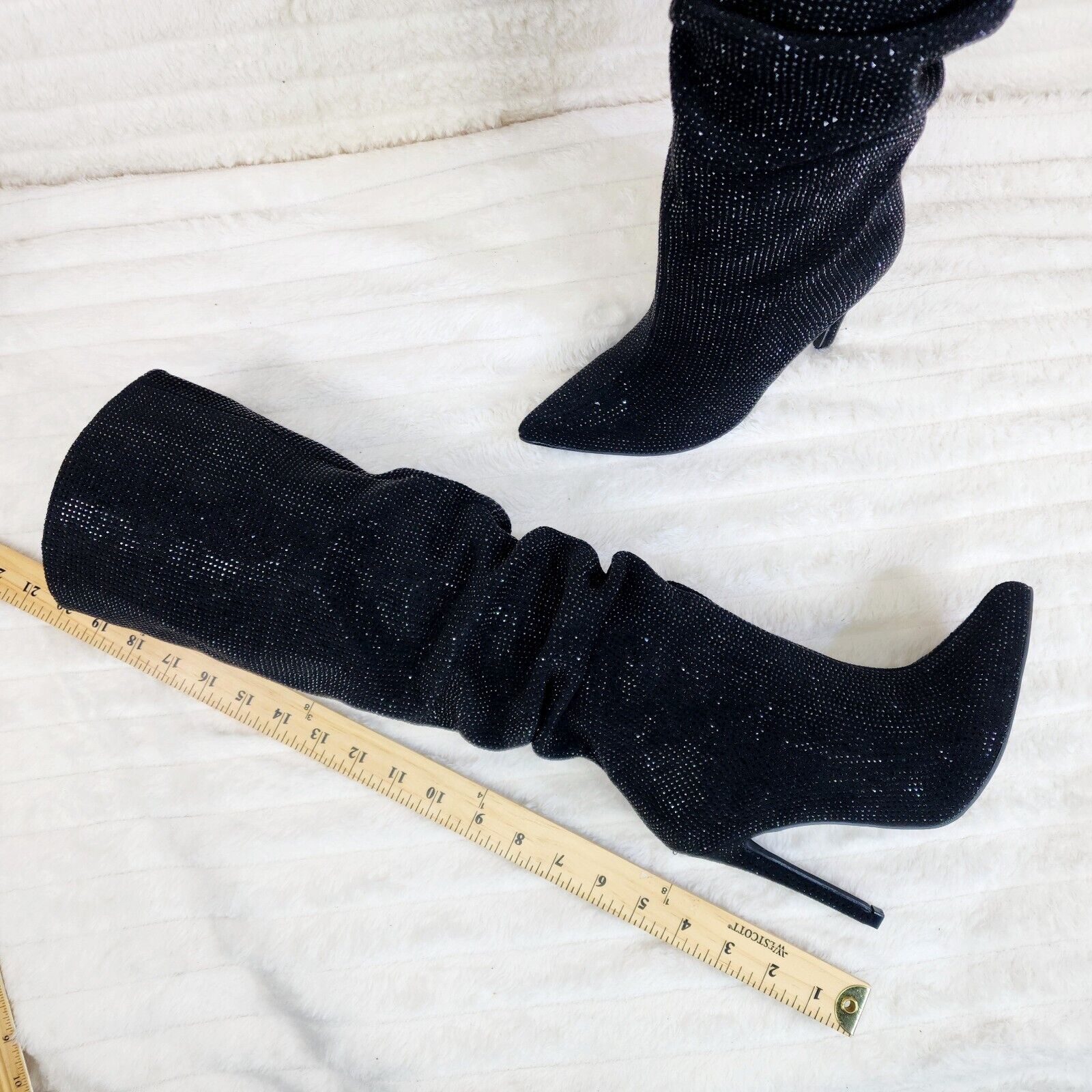 Radiant Black Rhinestone High Heel Stiletto Slouch Knee High Boots - Totally Wicked Footwear