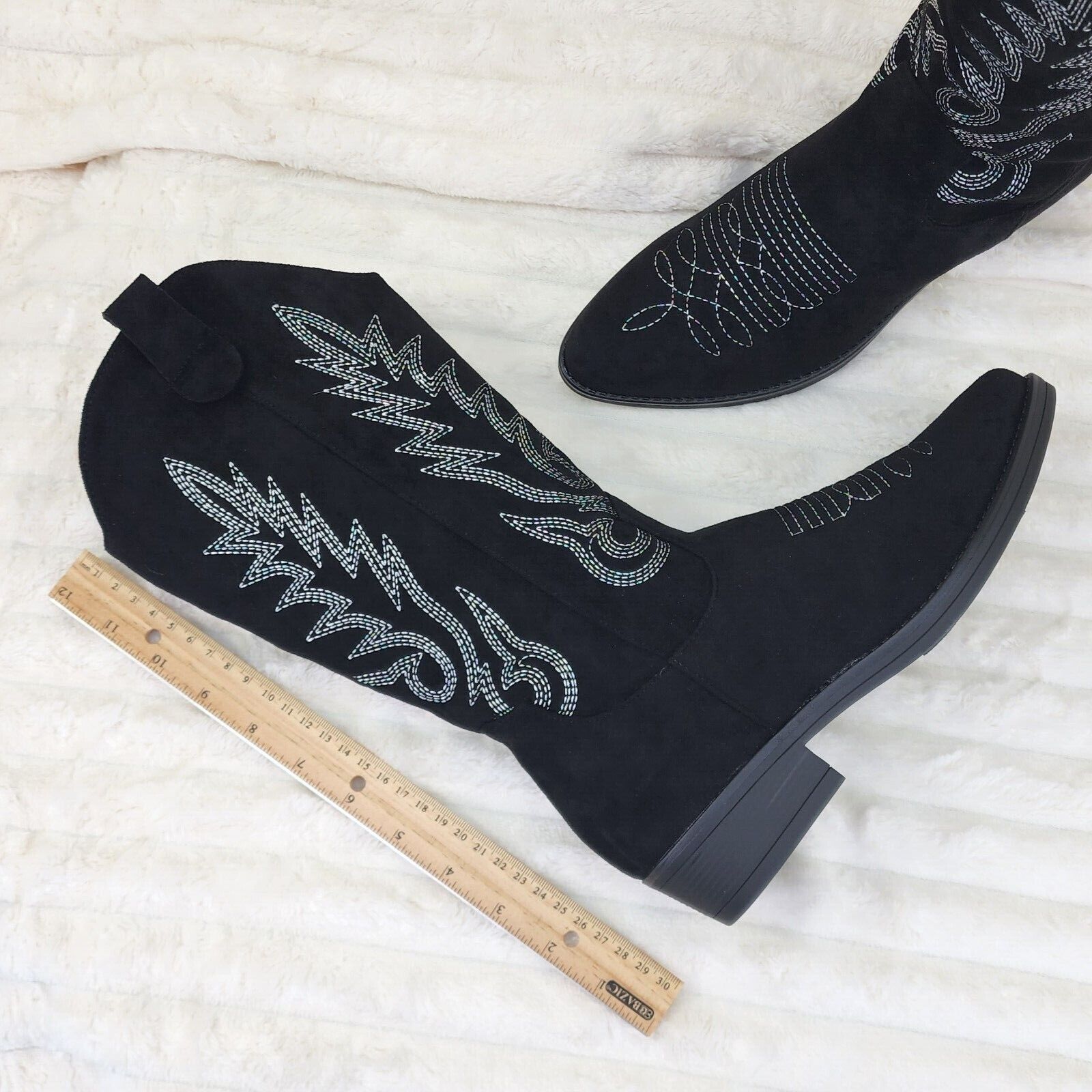 Bella Western Mid-calf Cowboy Cowgirl Boots Tan Low 1.5" Heels Black Faux Suede - Totally Wicked Footwear