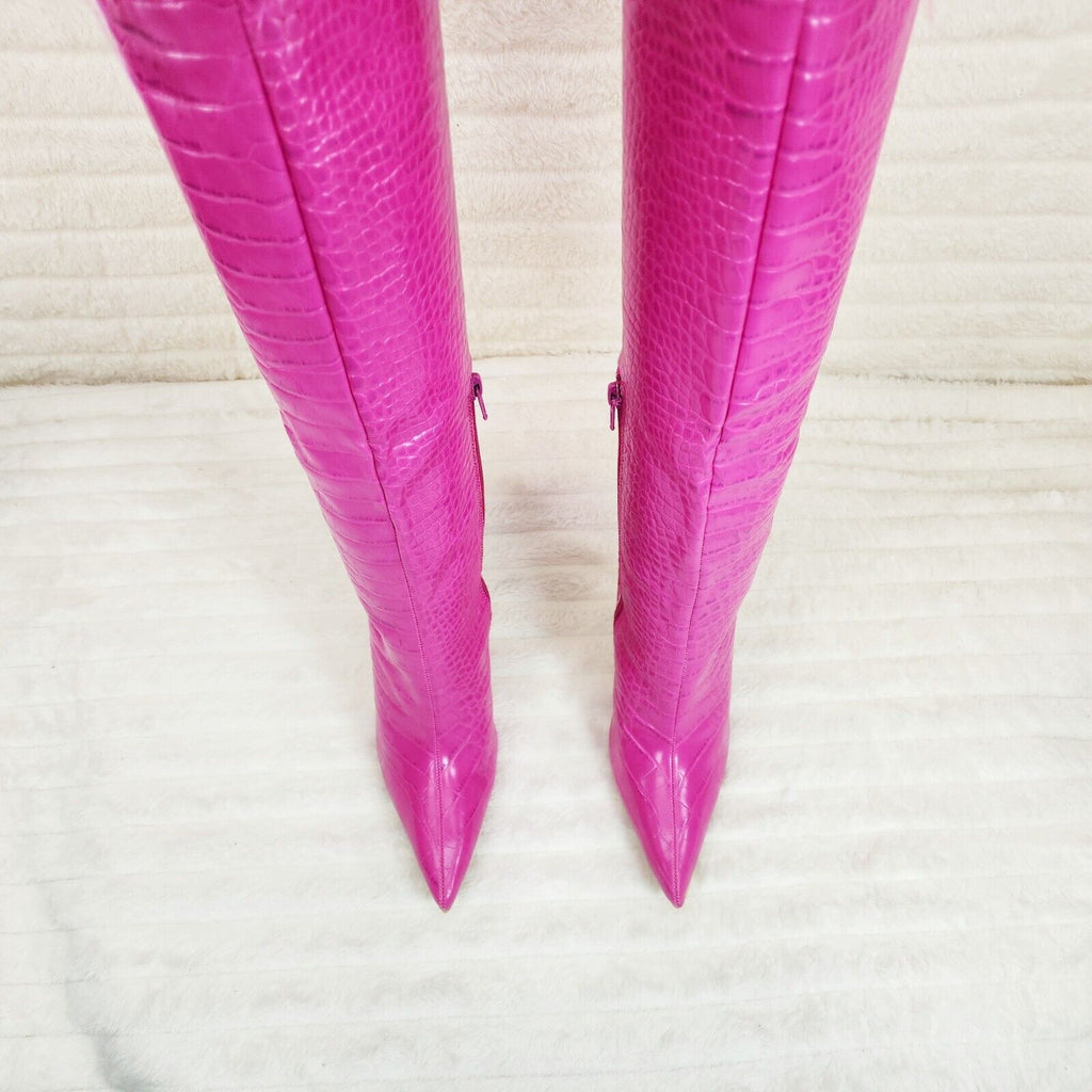 Flirty Fuchsia Pink Snake Texture Knee High Heel Stiletto Boots Sexy Feather Top - Totally Wicked Footwear