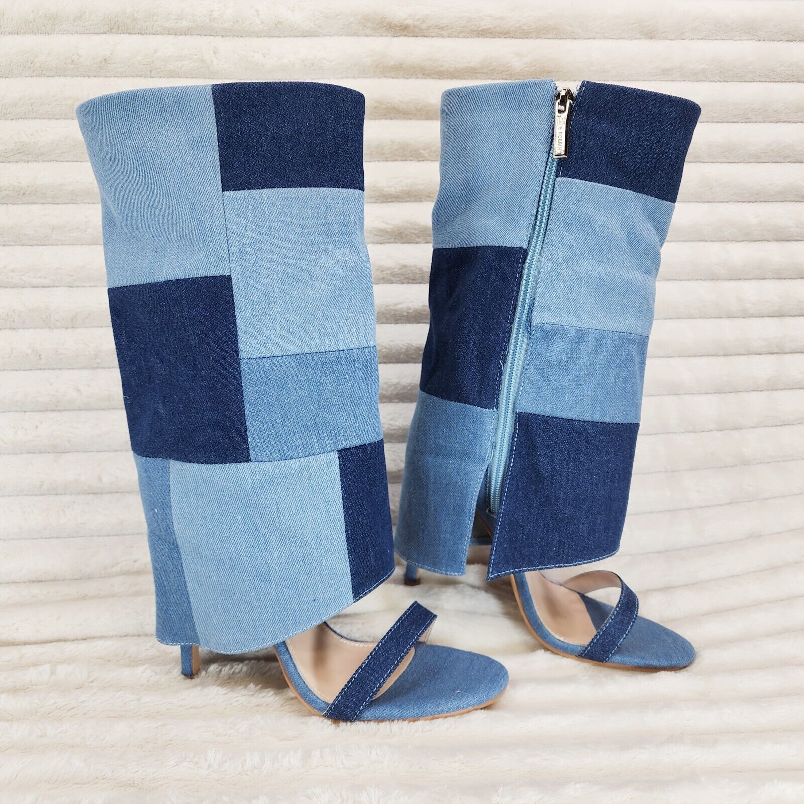 Paris Denim Patchwork Stiletto Fold Over Skirted Shootie Boot Sandals - Totally Wicked Footwear