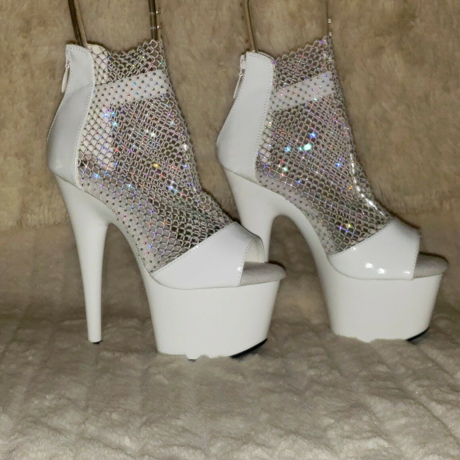 Adore 765RM White Patent Rhinestone Mesh Platform Sandals 7" High Heel Shoes NY - Totally Wicked Footwear