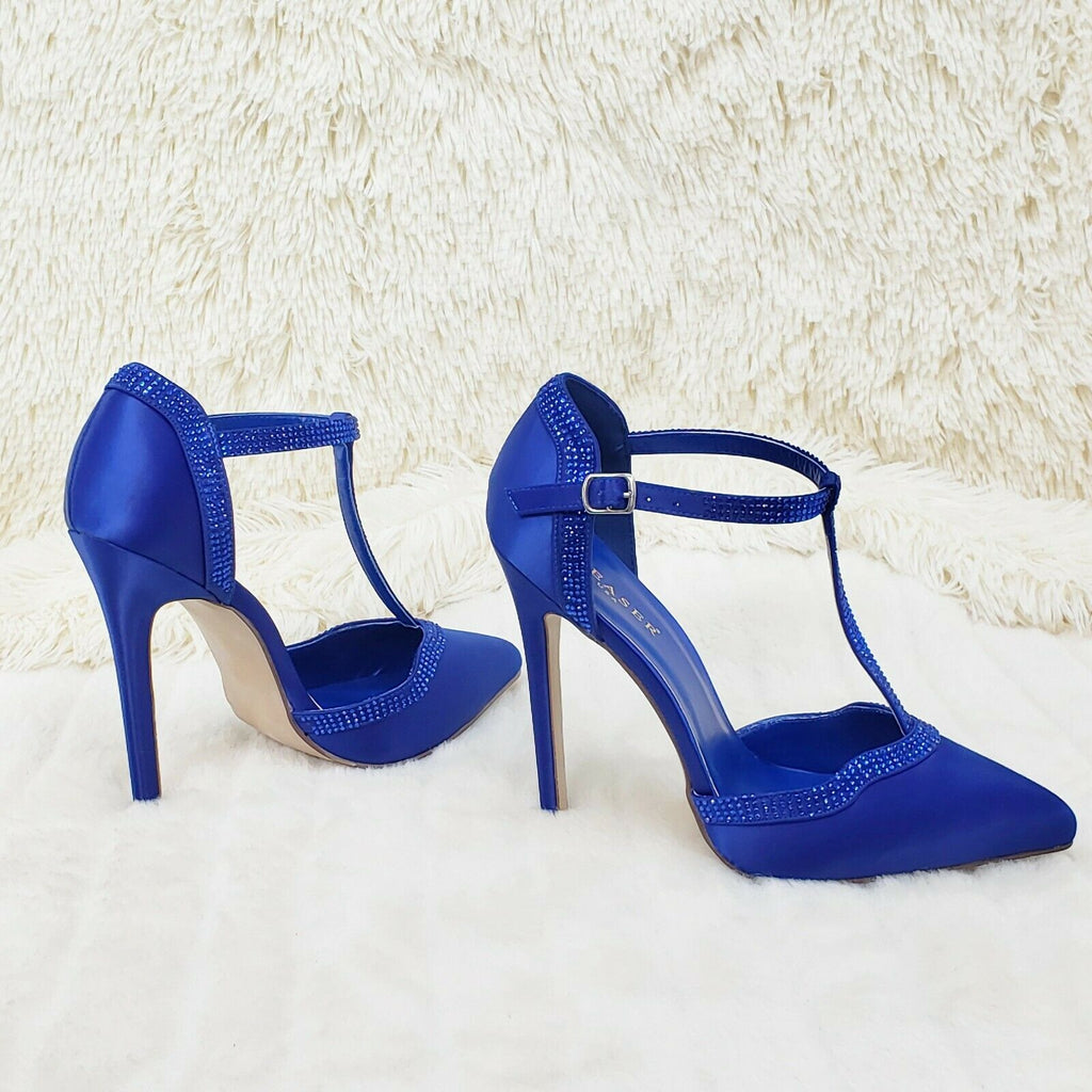Sexy 25 Blue Satin Rhinestone T Strap 5" High Heel Shoes Sizes 9 & 10 NY - Totally Wicked Footwear