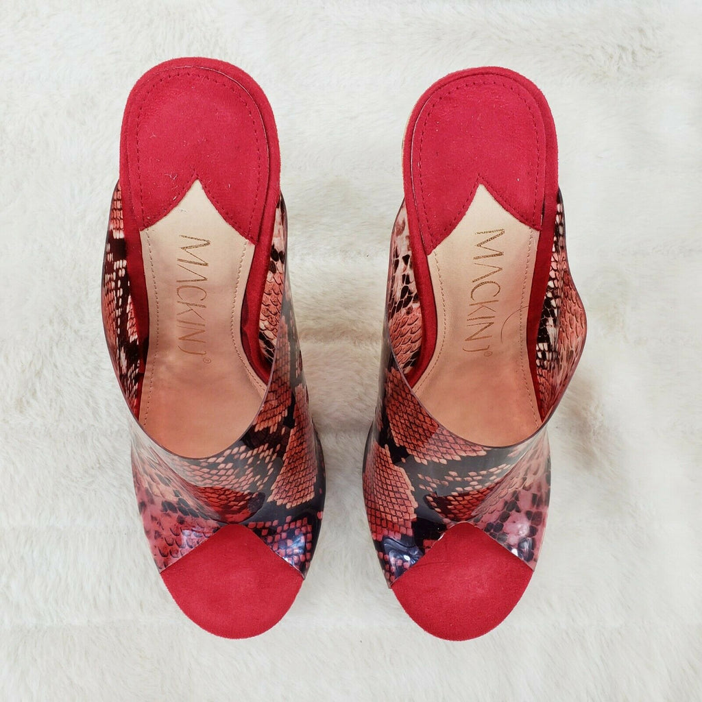 Mac J Red Transparent Snake Print Slip On Clog 5" Clear Acrylic Wedge Heels - Totally Wicked Footwear