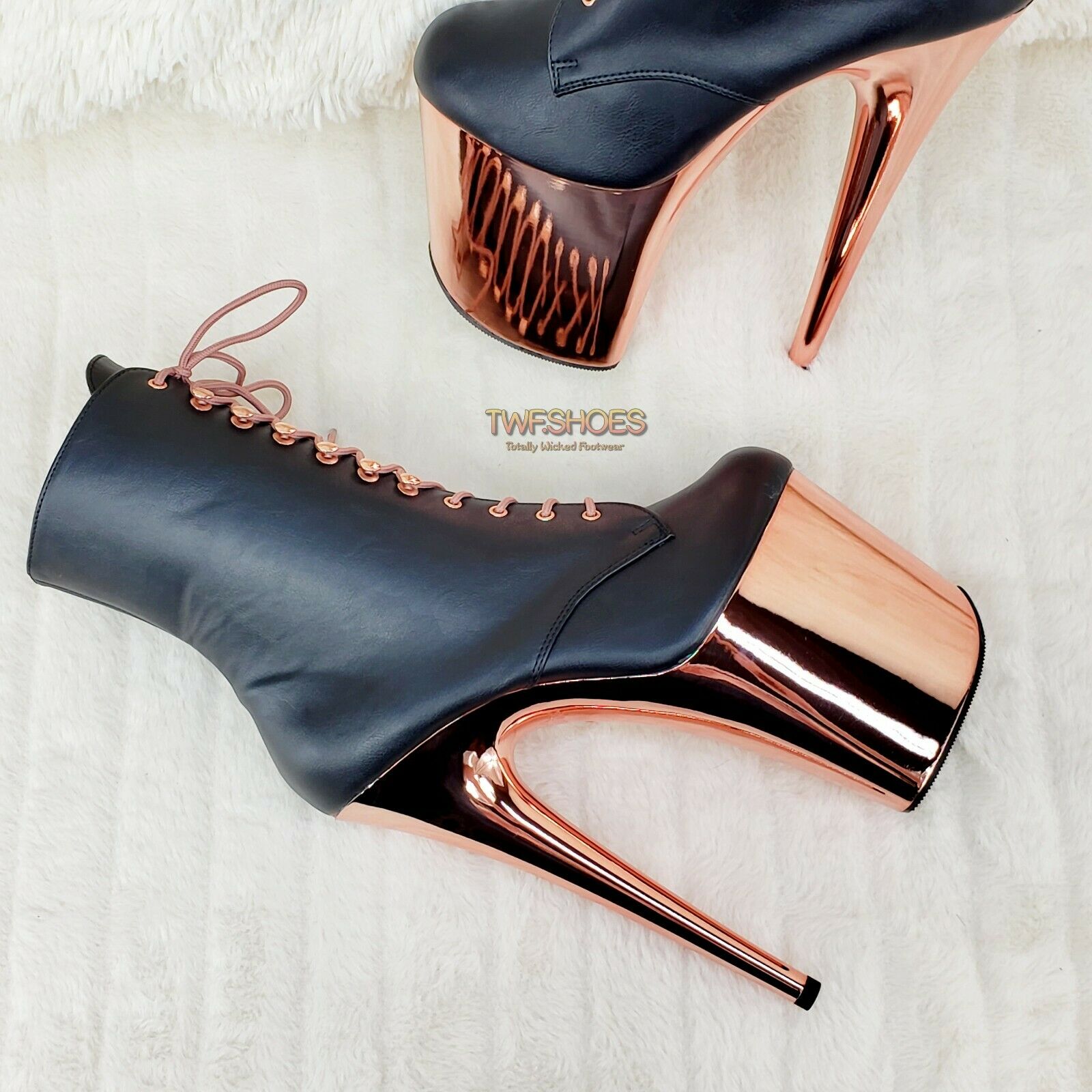 Flamingo 1020 Black Matte Rose Gold Platform 8" Heel Ankle Boots 10 & 12 NY - Totally Wicked Footwear