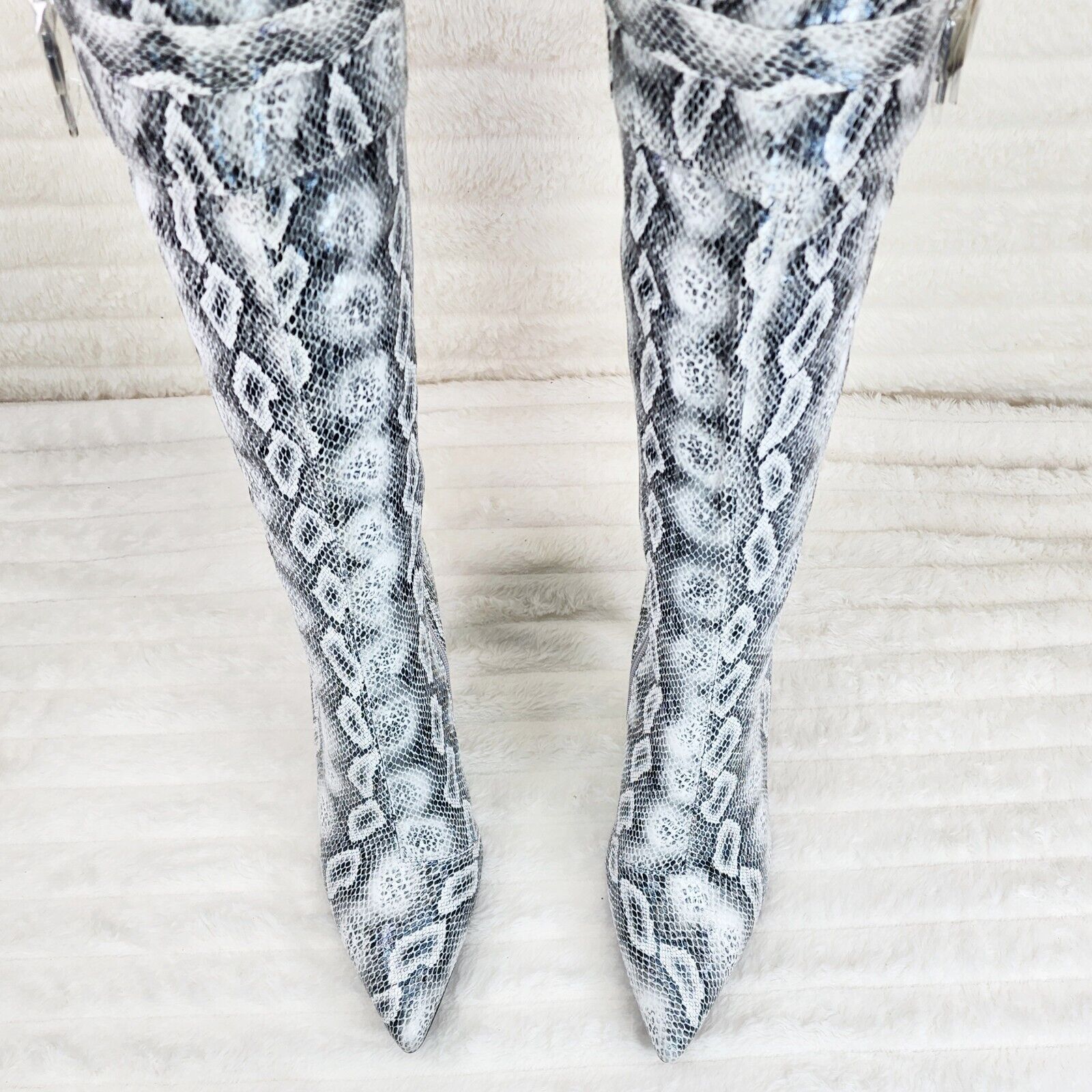 Pearl Snake Print High Heel Knee Boots Pad Lock Brand New - Totally Wicked Footwear