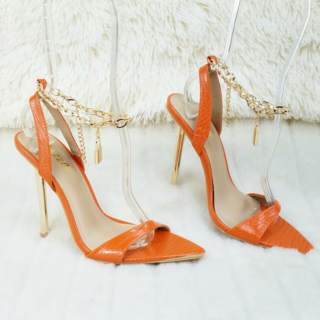 Nicely Pad Lock Chain Strap High Heels Metal Toe Tip Shoes Orange - Totally Wicked Footwear