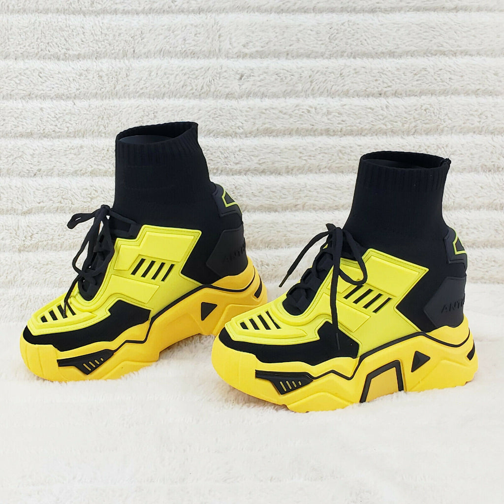 Wang Damson Pull On Knit Sock Platform Sneakers Hidden Wedge Black/Yellow - Totally Wicked Footwear