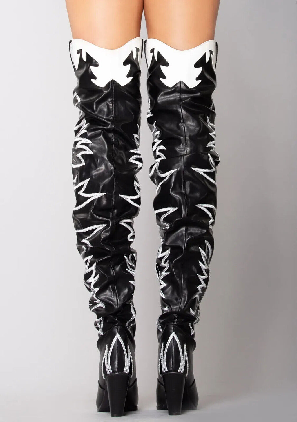 Kelsey 21 Rock Star Black & White Western Slouch OTK Thigh High Cowboy Boots - Totally Wicked Footwear