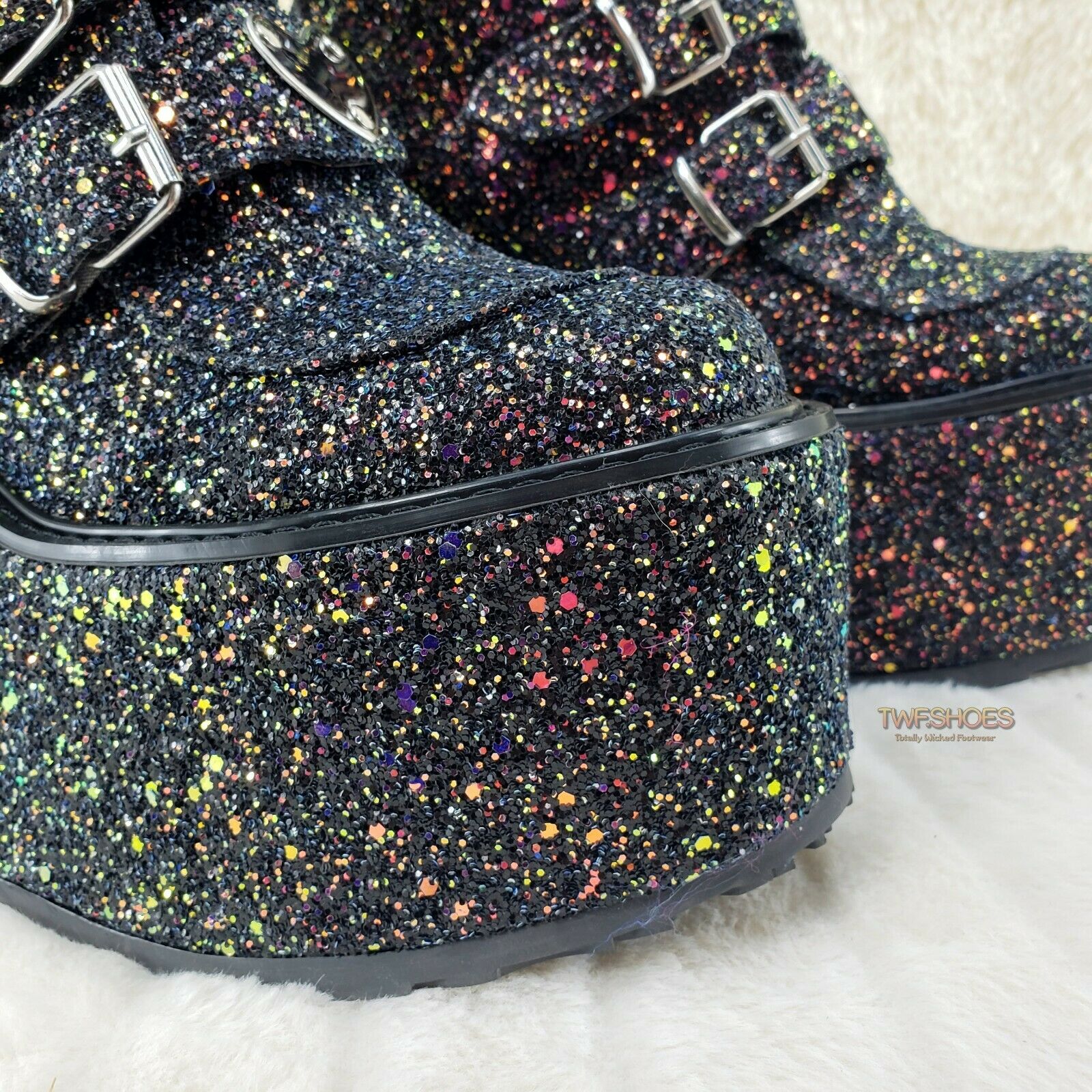 Swing 230G Black Glitter Platform Boots Heart Strap Goth Punk 6-12 Restocked NY - Totally Wicked Footwear