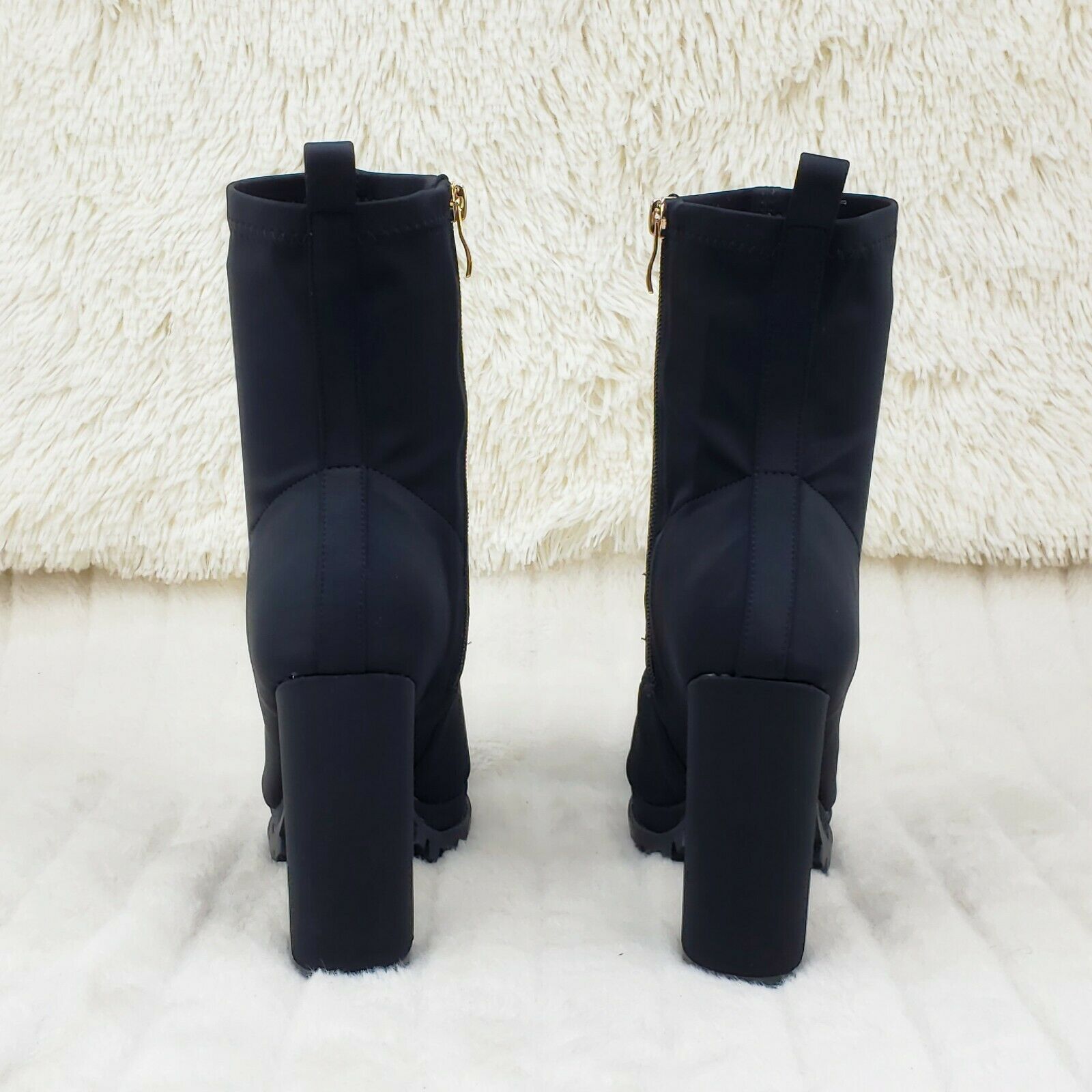 Natalie Black Chunky Heel Stretch Open Toe Lug Sole Ankle Boots - Totally Wicked Footwear